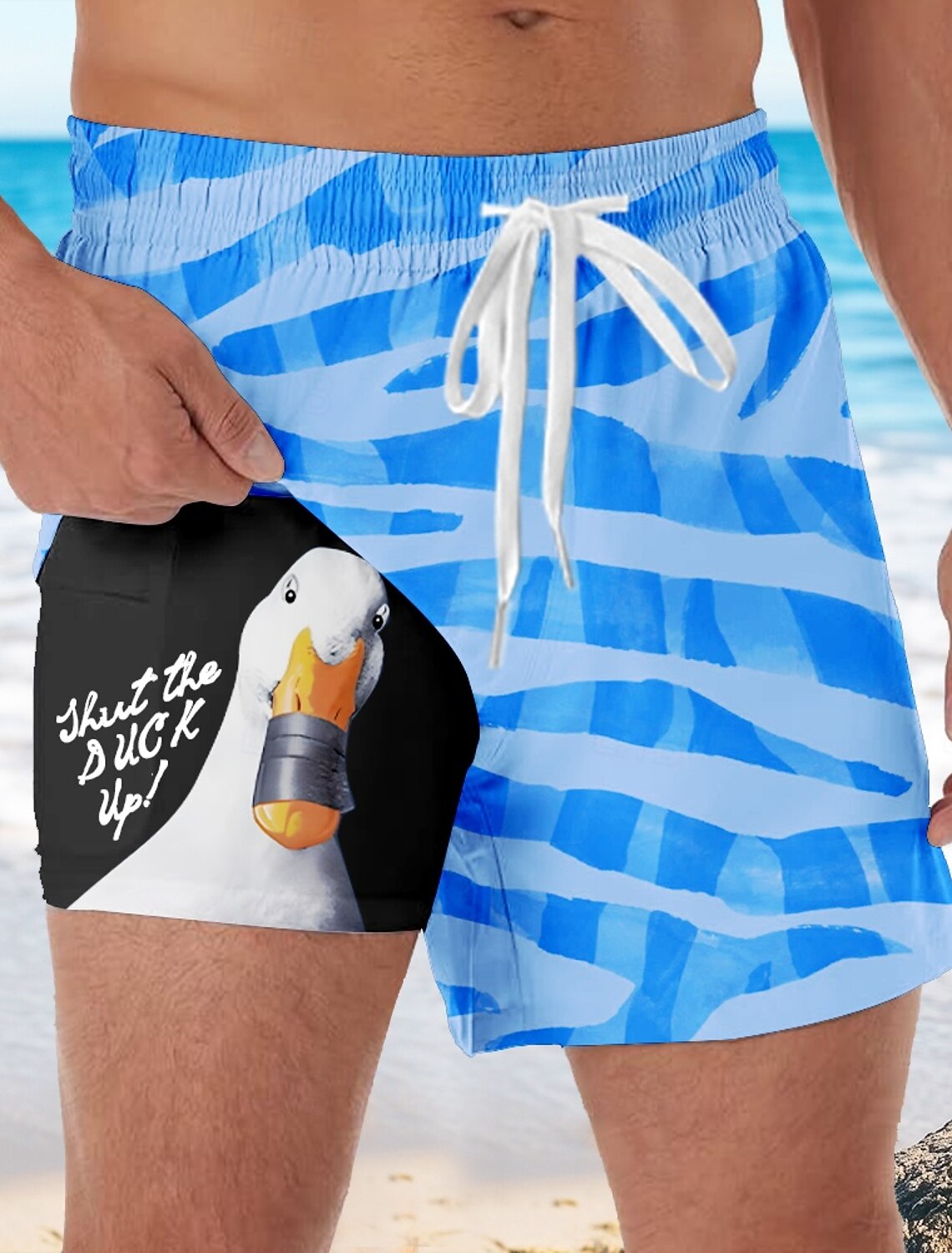 Men's Coconut Tree Funny Duck Lined Shorts 2 in 1 Board Shorts Swim Shorts Mid Waist Hawaiian Vacation Beach Wear Side Pockets With Compression Liner Elastic Drawstring Waist Designer Clothing Apparel