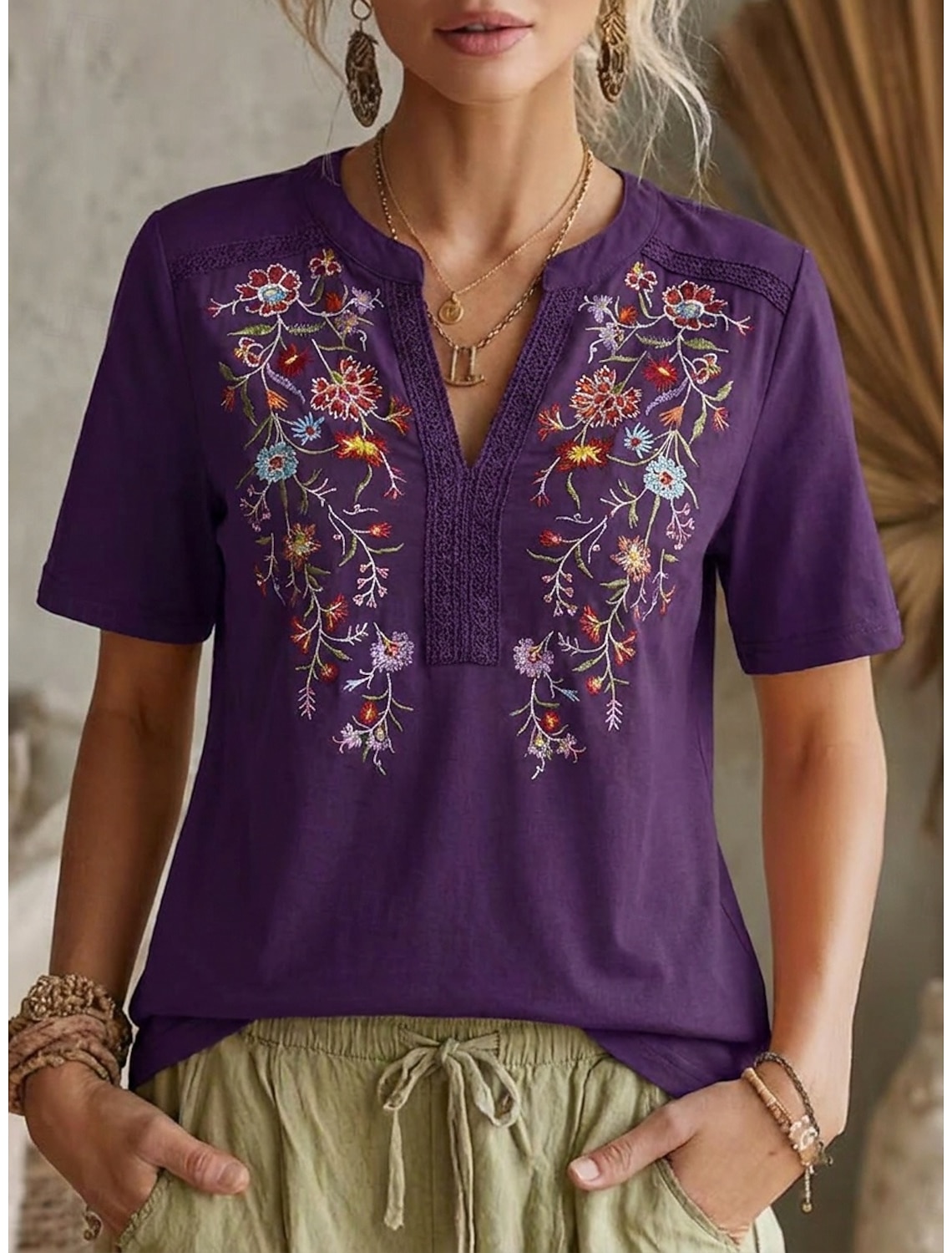Women's Blouse Lace Tops Embroidery Shirts Lace Embroidered Floral Vintage Boho Short Sleeve V Neck Regular Tops Casual Holiday Summer Black Army Green Navy Blue Purple Brown Summer Spring