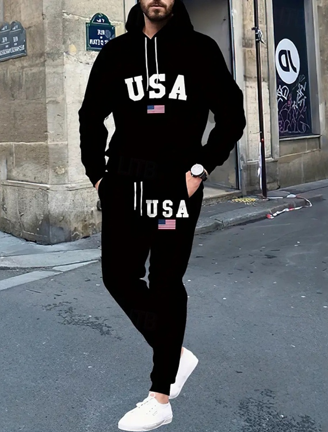 Independence Day American Independence Day Men's Jogging Suit Fleece Sweatsuit Sets Drawstring Letter Clothing Suit Fall & Winter Black Black White Workout Travel Sports Warm Long Sleeve Sport