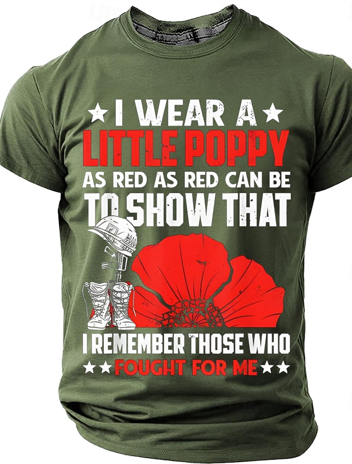 Memorial Day Remembrance Day I Wear A Little Poppy As Red As Red Can Be Men's Soldier Helmet Red Poppy Patriotic Graphic T Shirt Short Sleeve Crew Neck Tee Designer Clothing Apparel S M L XL XXL XXXL