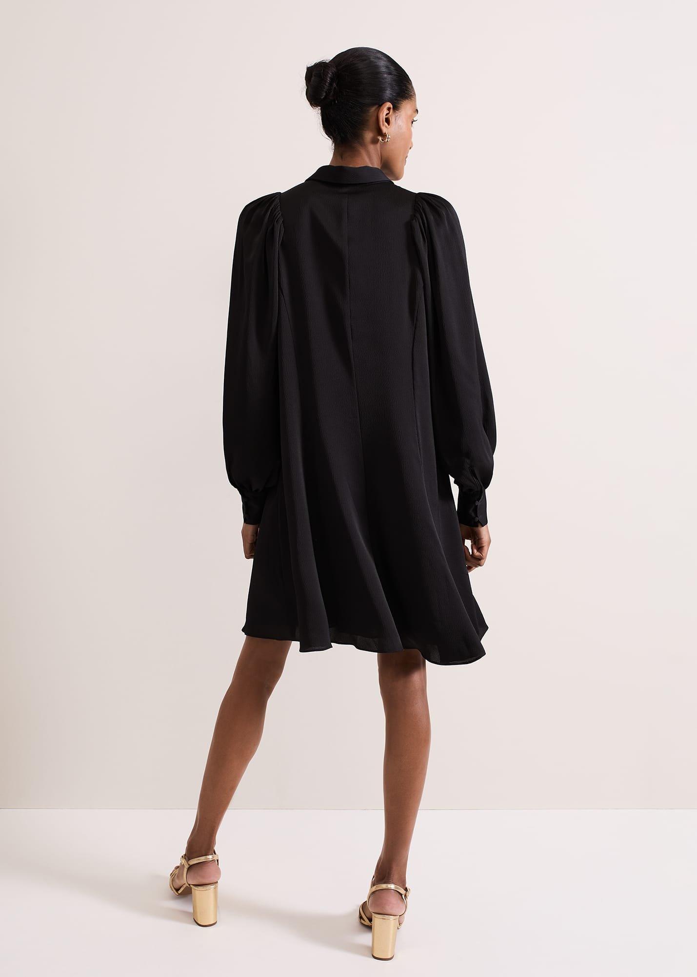 Tila Black Satin Embellished Shirt Dress