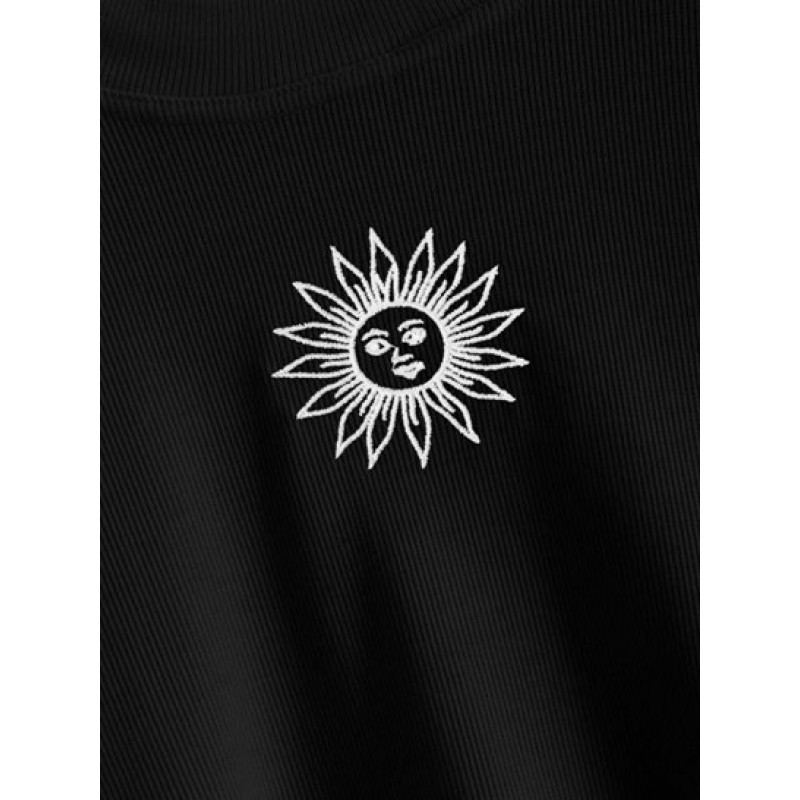 Crew Neck Sun Embroidered Crop Top FC8810