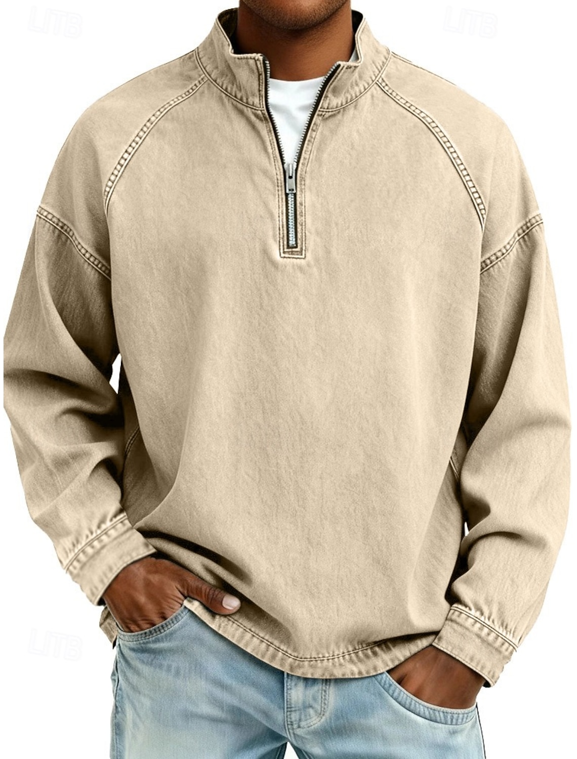 SoftFade™ Men's 100% Cotton Acid Wash Shirt Tee Top Long Sleeve Stand Collar Spring Fall Plain Vintage Streetwear Casual Zip Up Basic Casual Home Street Black Pink Top Tee for Men