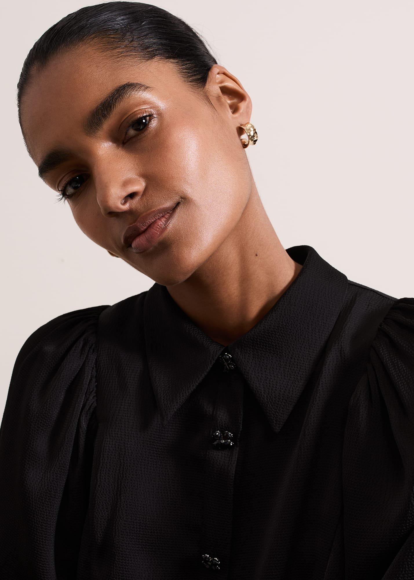 Tila Black Satin Embellished Shirt Dress