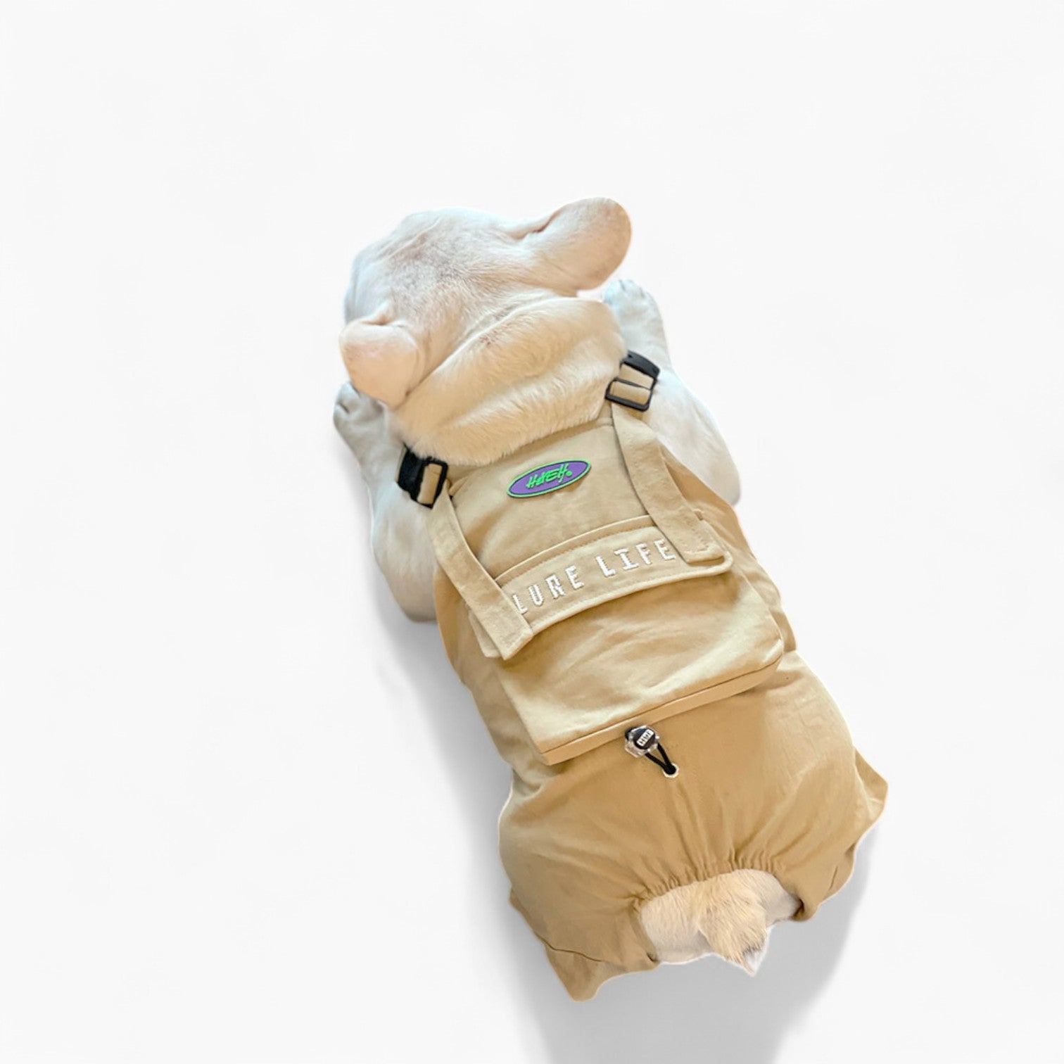 BarkBuilt French Bulldog Overalls – Khaki Utility Dog Jumpsuit with Pocket