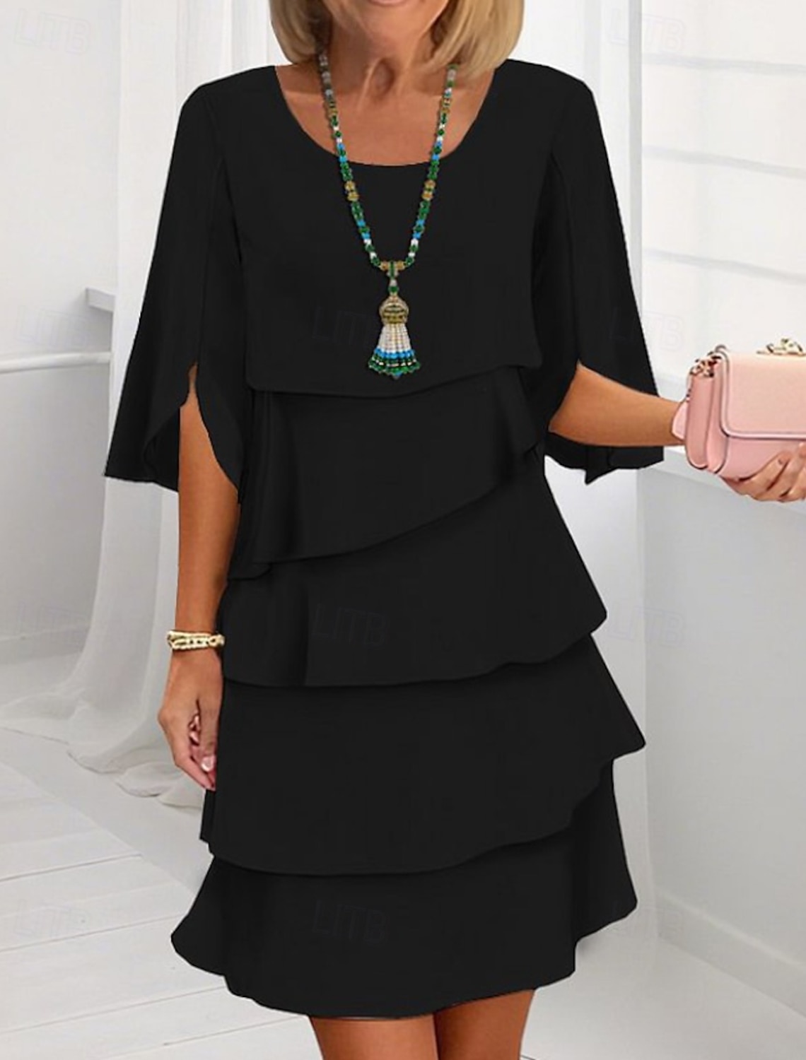 Women's Mini Dress Chiffon Dress Wedding Guest Dress Tiered Dress Fashion Modern Outdoor Holiday Going out Regular Fit Plain Half Sleeve Crew Neck Blue Black Pink Spring Fall