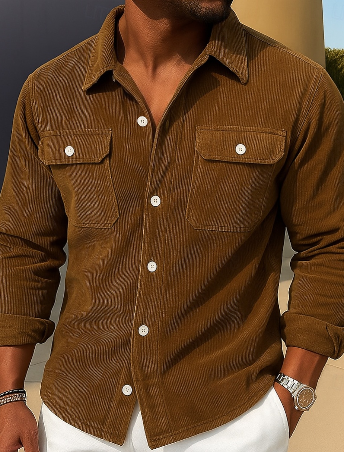 Men's Corduroy Shirt Black Purple Brown Gray Long Sleeve Plain