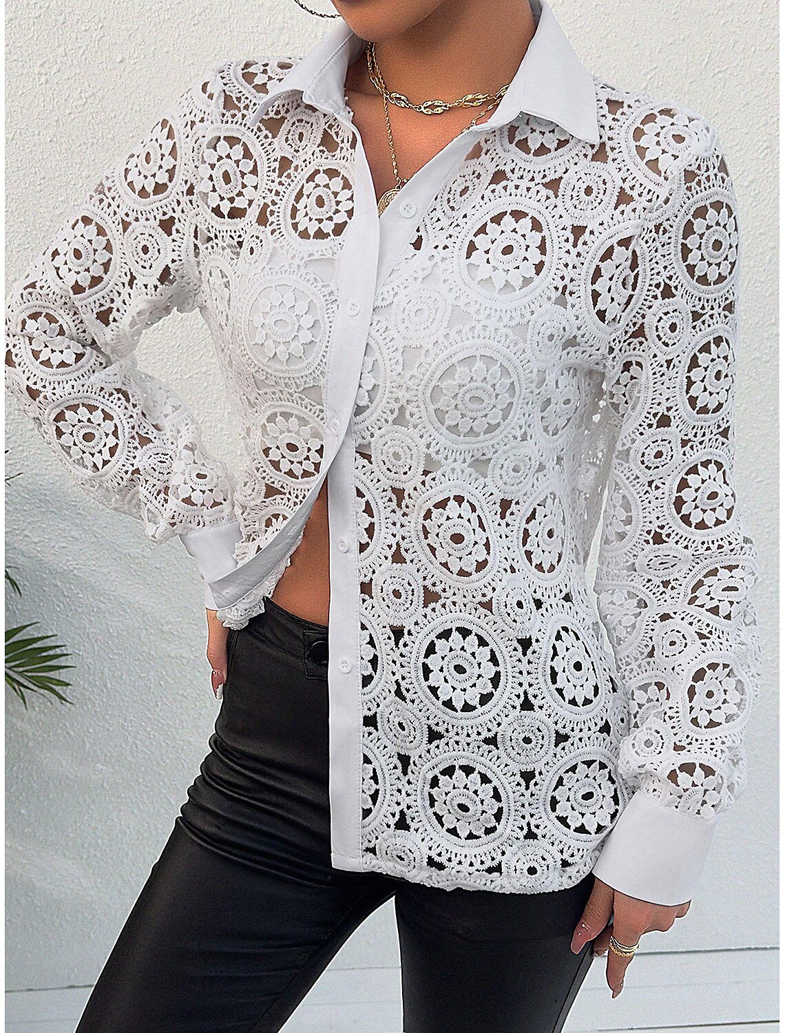 Shirt Lace Shirt Blouse Eyelet top Women's Plain Lace Button Street Daily Fashion Shirt Collar Regular Fit S