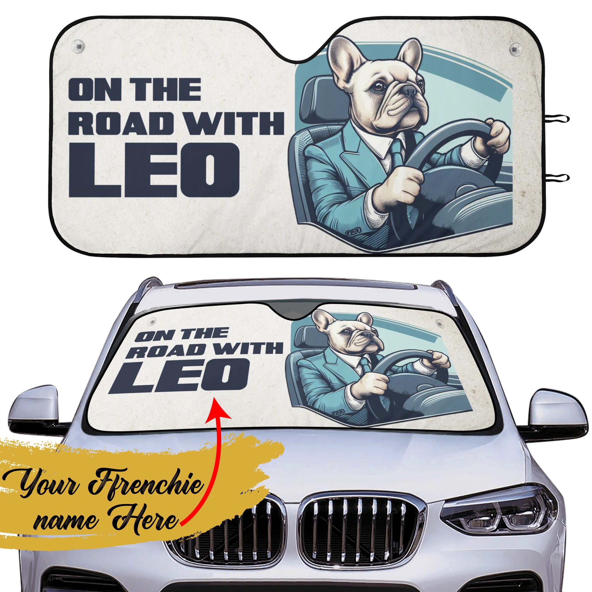 Custom Car Auto Sun Shade with Frenchie's Name - Car Auto Sun Shade