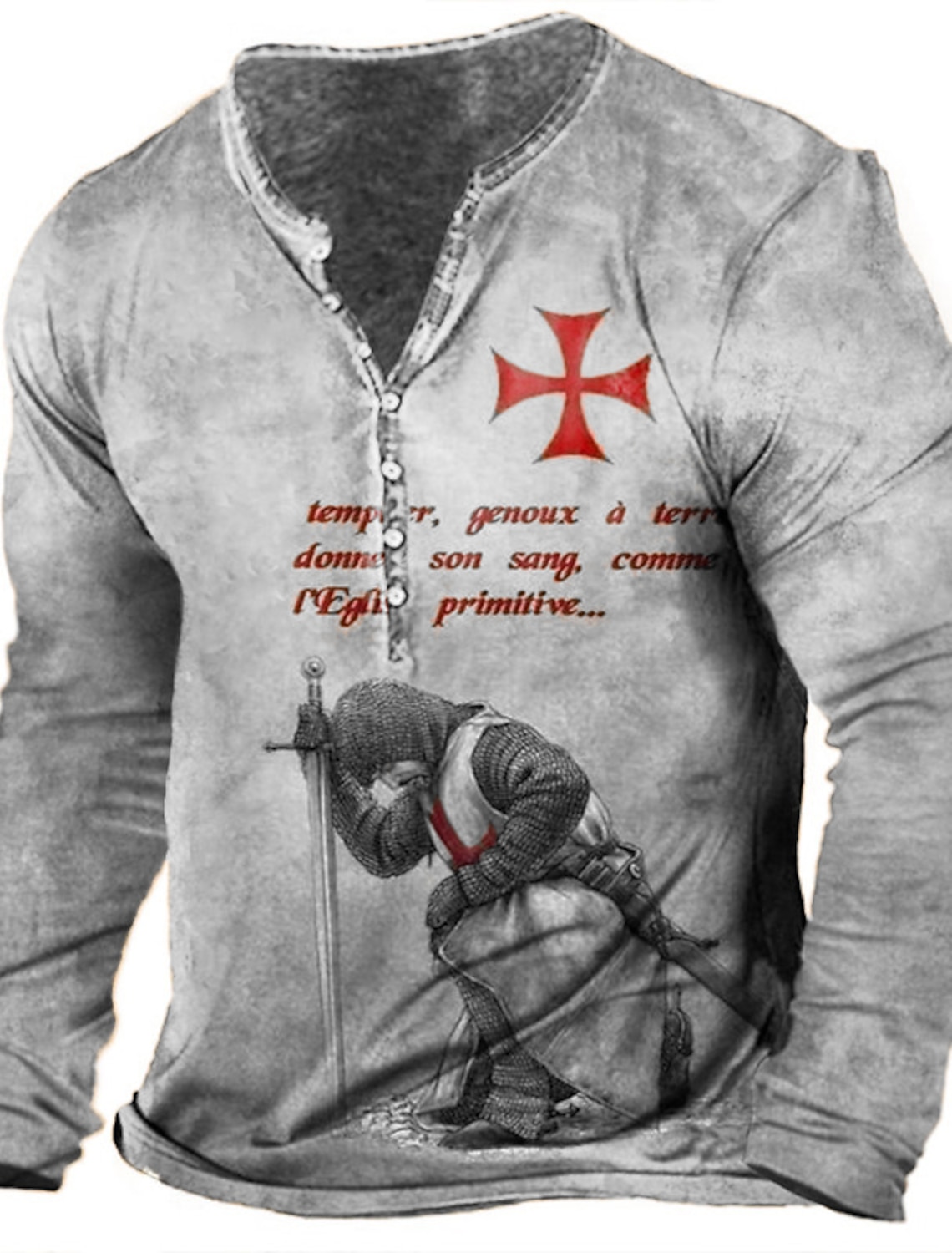 Men's T shirt Tee Henley Graphic Templar Cross Soldier Light Green Red