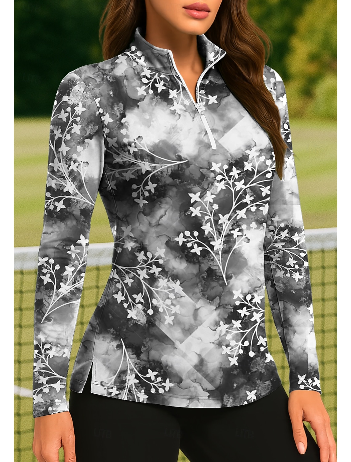 Women's Tie Dye Plants Tropical Floral Botanical Tops Golf Polo Shirt Tennis Shirt Tennis Tee Long Sleeve Print Quarter Zip Pullover UPF50+ UV Protection Elastic Breathable Tennis Golf Pickleball Zip
