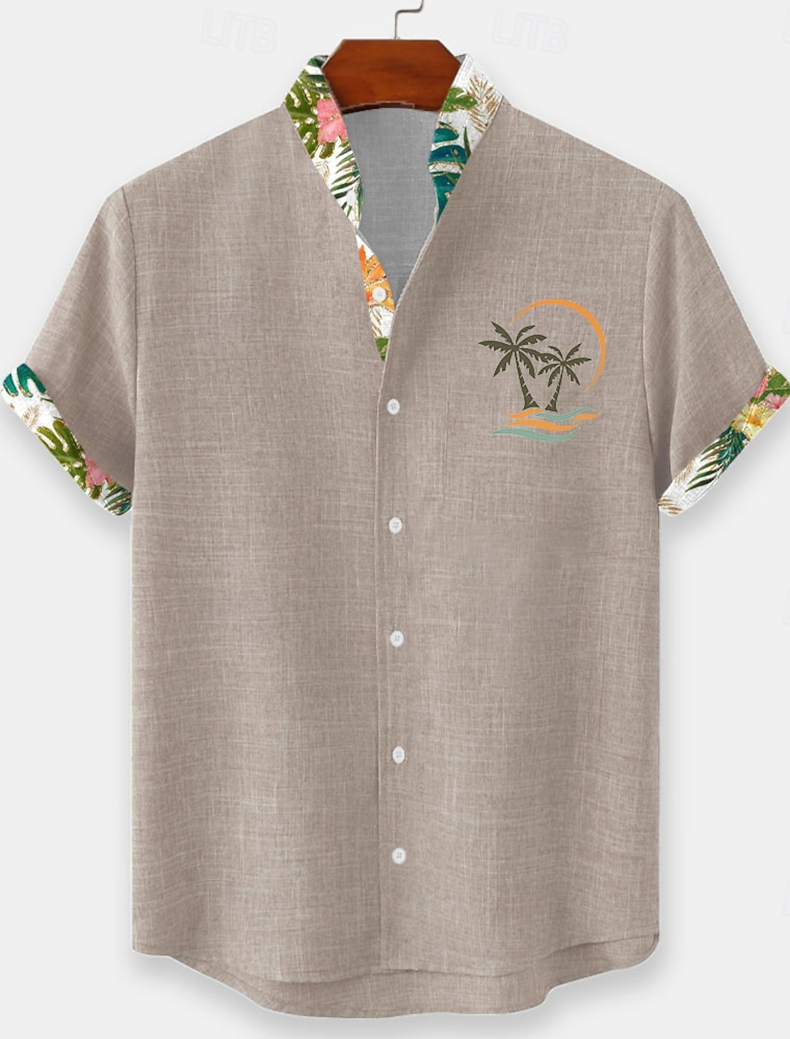 Men's Coconut Tree Tropical Plants Flowers Summer Hawaiian Shirt Button Up Shirt Stand Collar Shirt Short Sleeve Hawaiian Beach Vacation Wear Summer Spring Mandarin Collar 3D Print Linen Like Shirt