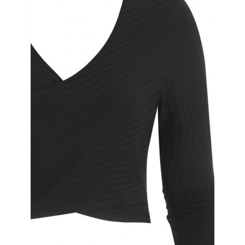 Ribbed Knit Surplice Slim Crop Tee VI4705