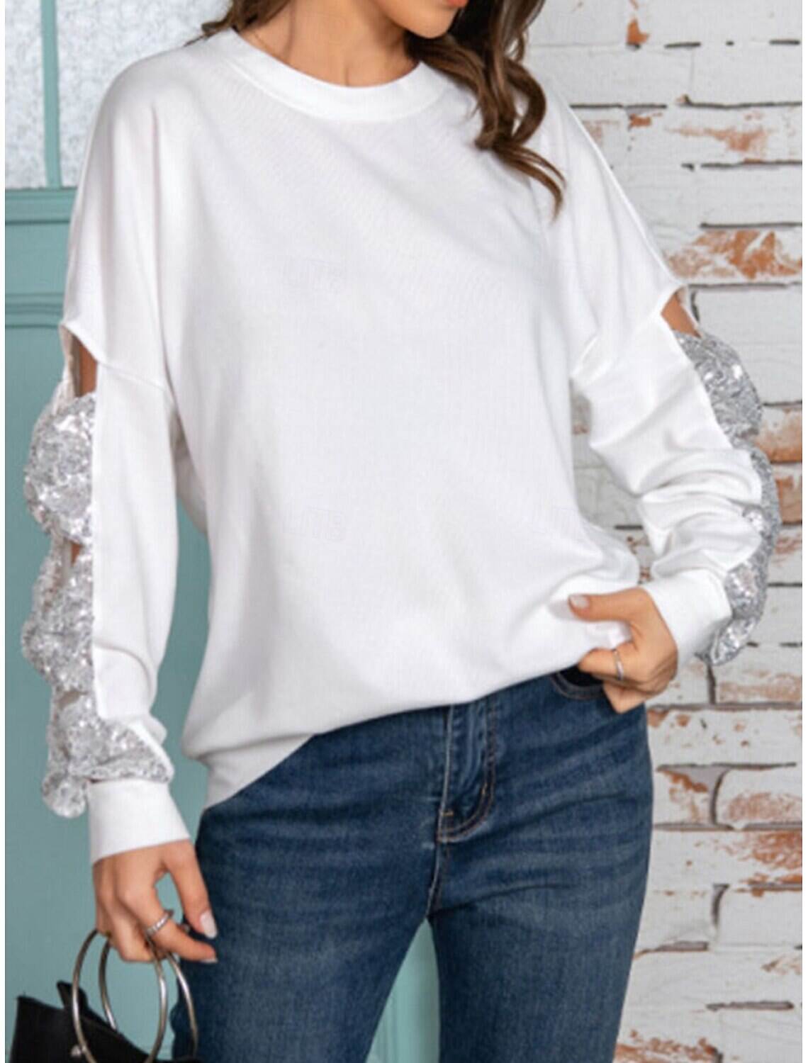 Women's Shirt Blouse Basic Casual Solid Color Regular Tops Long Sleeve Crew Neck Sequins Patchwork Bow Regular Fit Daily Fall Winter