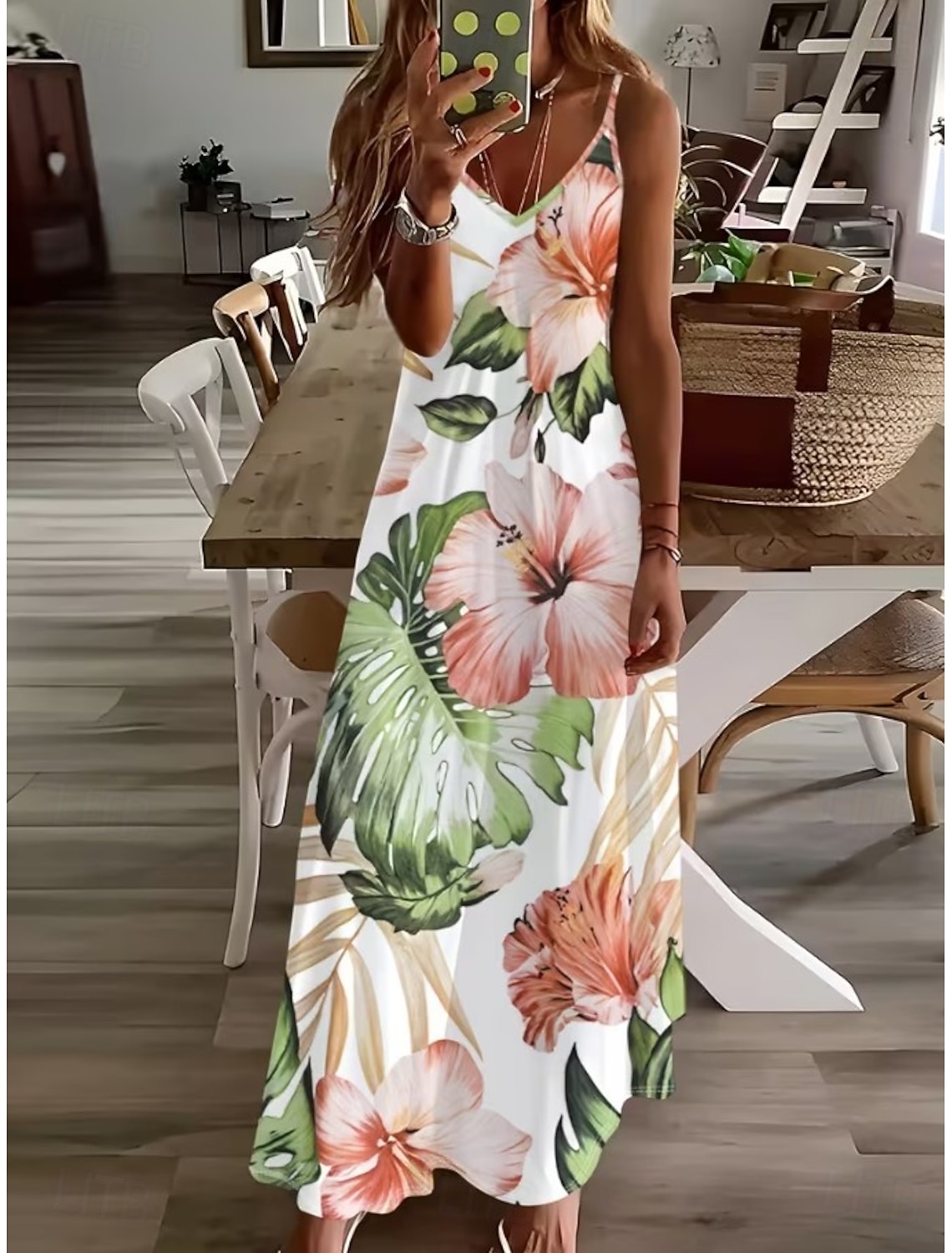 Women's Maxi Dress Sundress A Line Dress Slip Dress Vacation Casual Boho Beach Loose Fit Graphic Leaf Sleeveless V Neck Spaghetti Strap White Light Green Pink Sky Blue Summer Spring