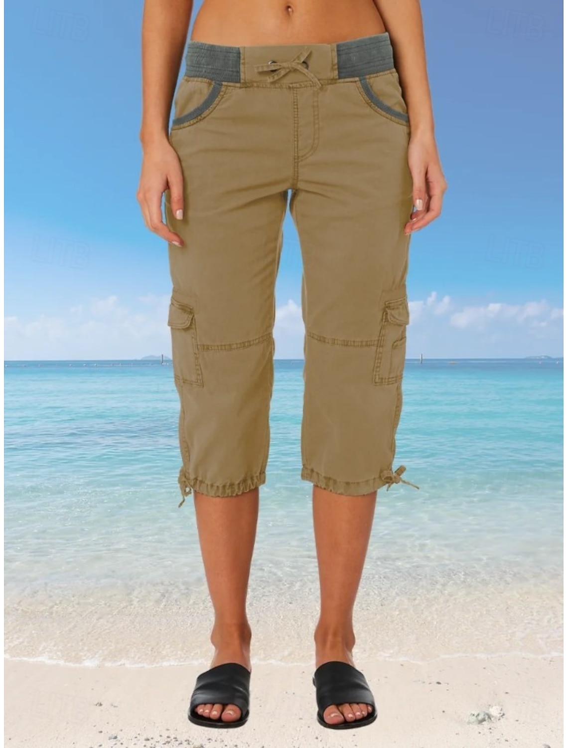 Women's Cargo Pants Capri Pants Summer Pants Beach Pants Vacation Fashion Streetwear Calf-Length High Waist Plain Drawstring Pocket Comfort Lightweight Soft Micro-elastic Outdoor Street Yellow-Brown