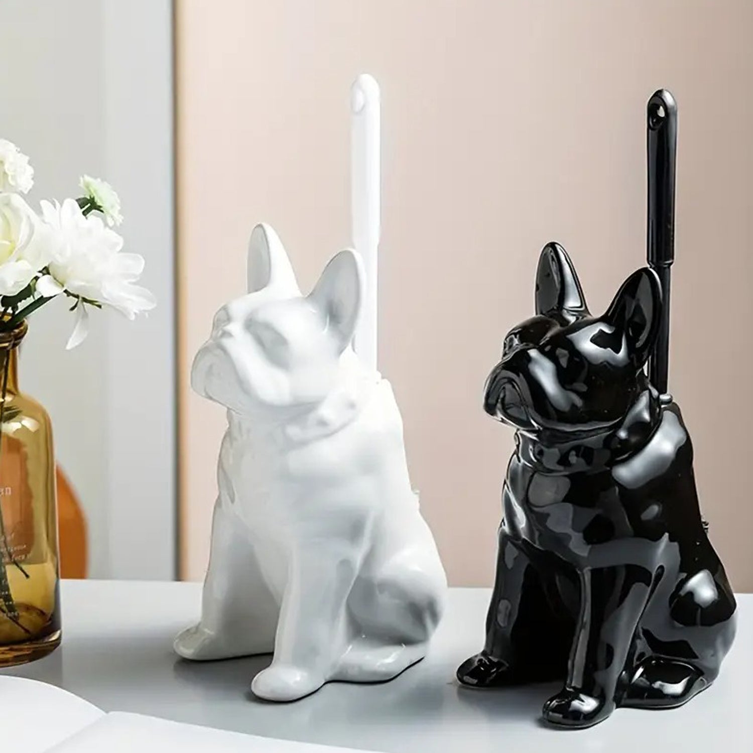 Comfortable Loopup French Bulldog Toilet Brush Set – Cute Ceramic Dog...