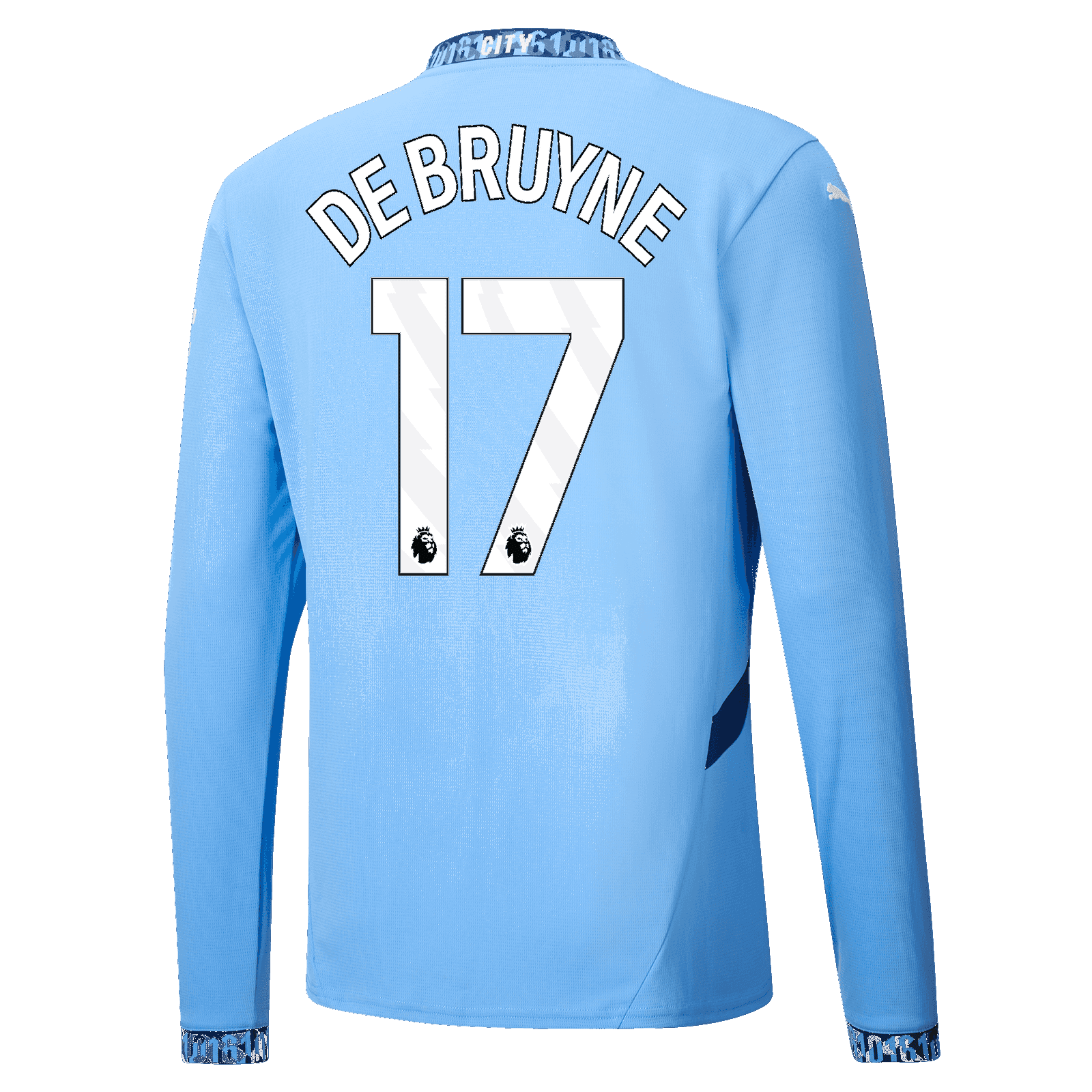 Manchester City's 24-25 Home Long Sleeve Jersey, featuring Kevin De Bruyne with the number 17.