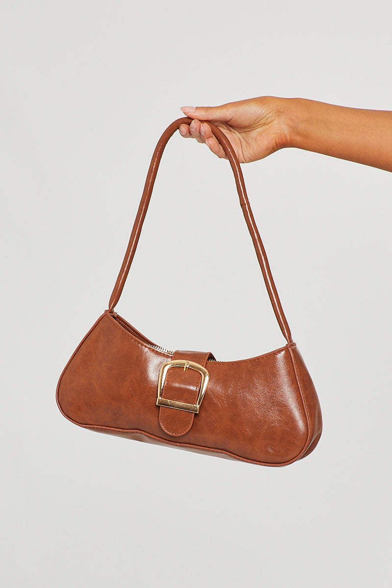 Light Brown Faux Leather Buckle Detail Shoulder Bag