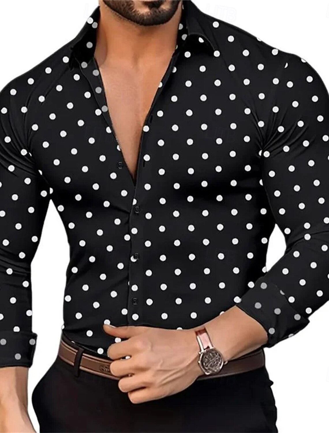 Men's Polka Dot Shirt Button Up Casual Dress Long Sleeve Fashion