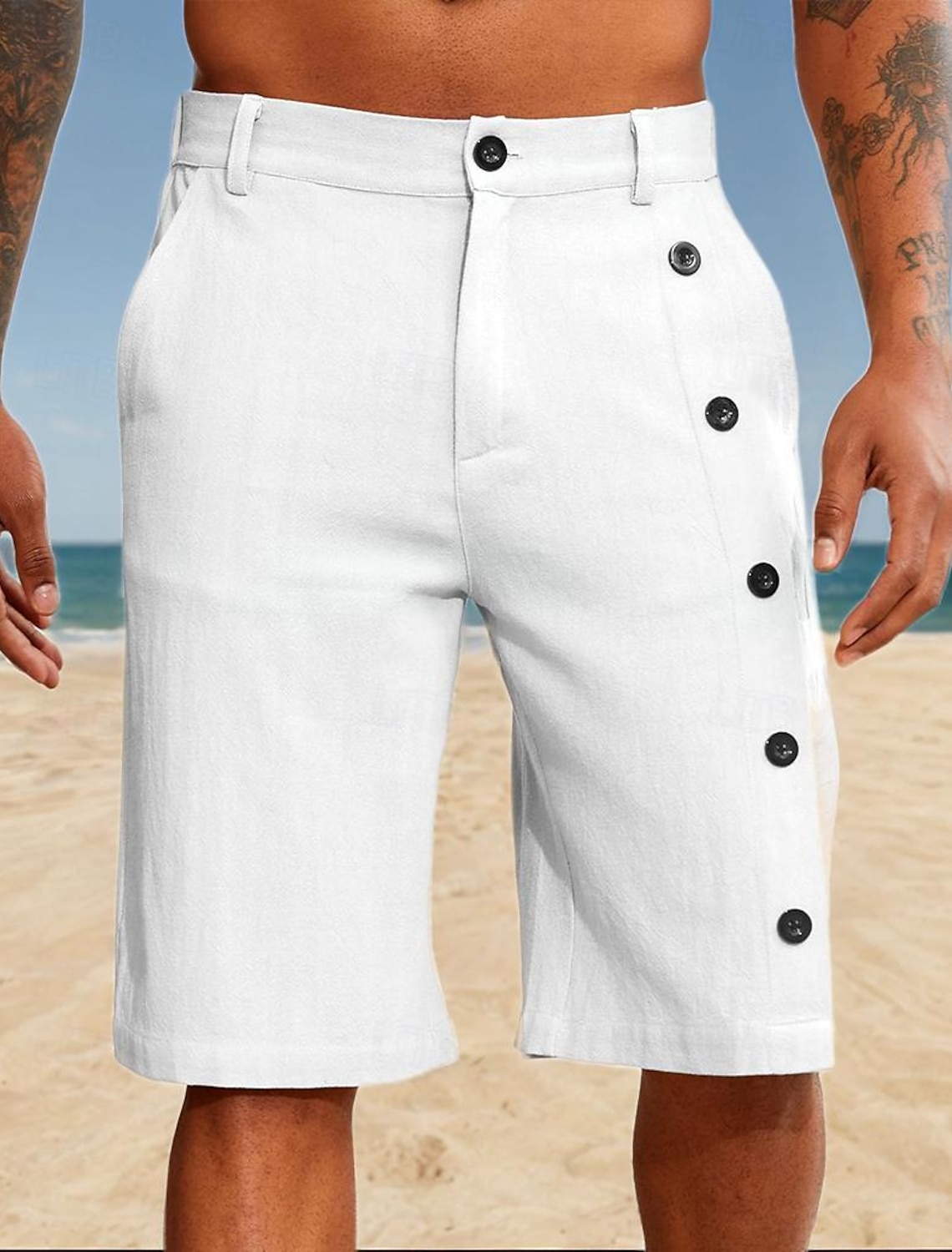 Men's Shorts Linen Summer Pocket Side Button Straight Leg Solid Color