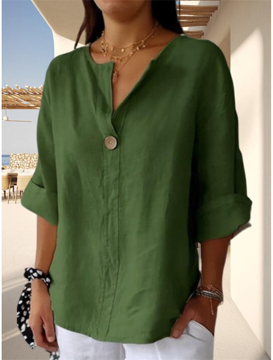 Women's Shirt Linen-feel Shirts Blouse Buttons Plain Stylish 3/4 Length Sleeve V Neck Regular Tops Daily Holiday Going out Black Army Green Red Navy Blue Light Blue Summer Spring