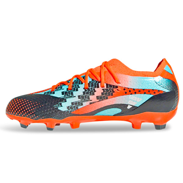 Messi adidas Jr. X Speedportal 1 Firm Ground Football Boots Team Solar Orange Metallic Silver