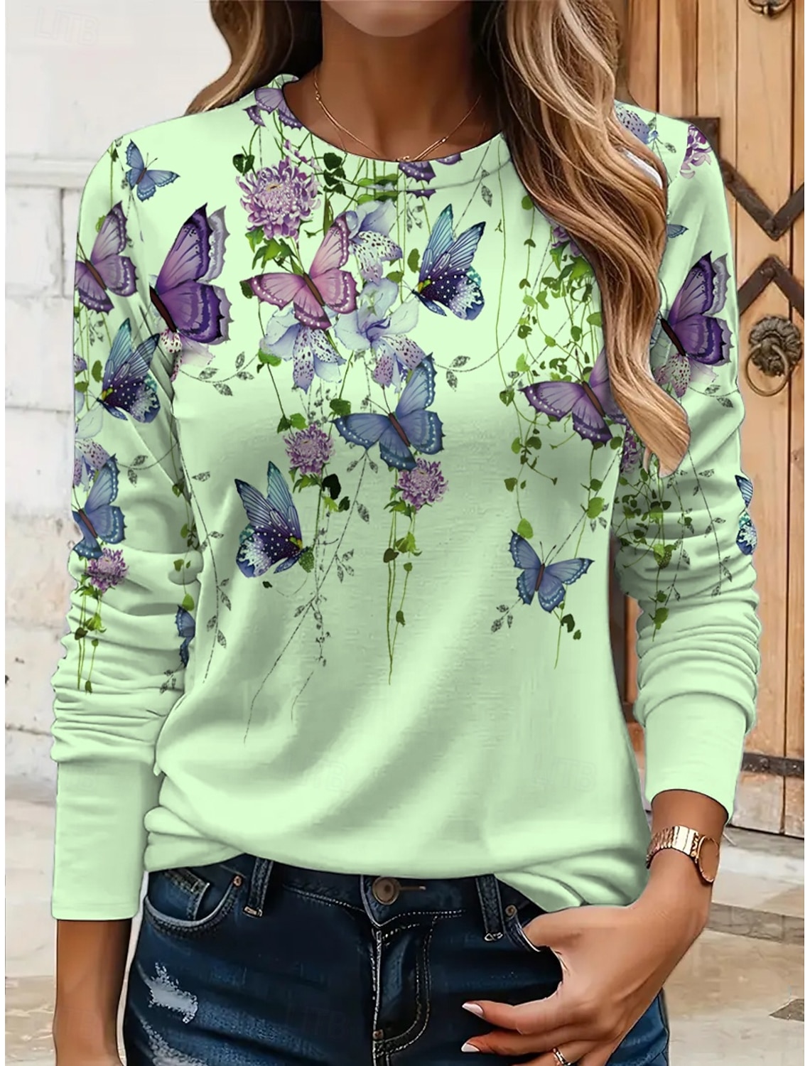 Women's T shirt Long Sleeve Crew Neck Long Sleeve Tunic Floral Graphic Butterfly Vintage Stylish Classic Round Neck Regular Tops Daily Print Black White Yellow Pink Blue Fall Prefall