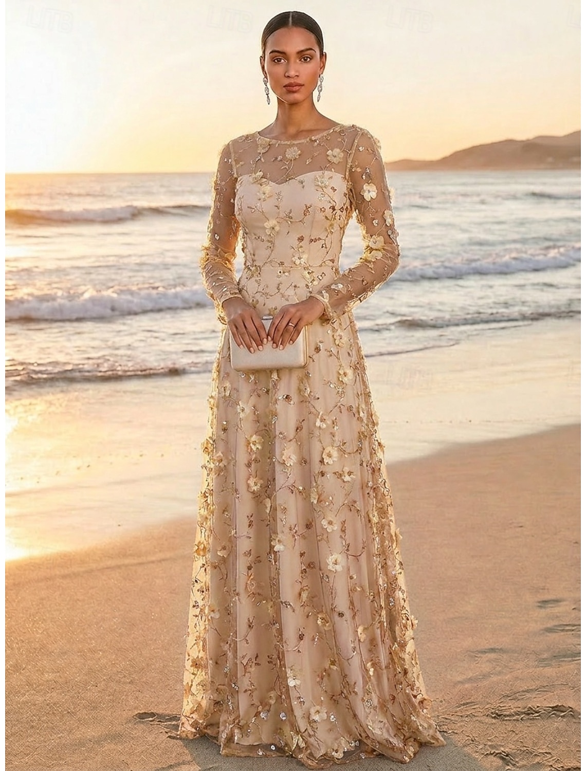 A-Line Dress Floor Length Party Dress Cocktail Dress Mother of the Bride Dress Long Sleeve Crew Neck Elegant Vintage Luxurious Formal Wedding Guest Engagement Party Lace Tulle with 3D Flowers Pleats