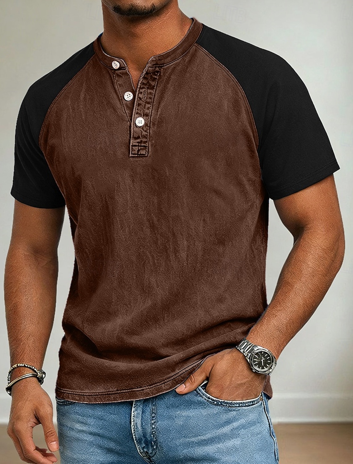 Men's Henley Shirt 100% Cotton Acid Wash Short Sleeve Spring & Summer