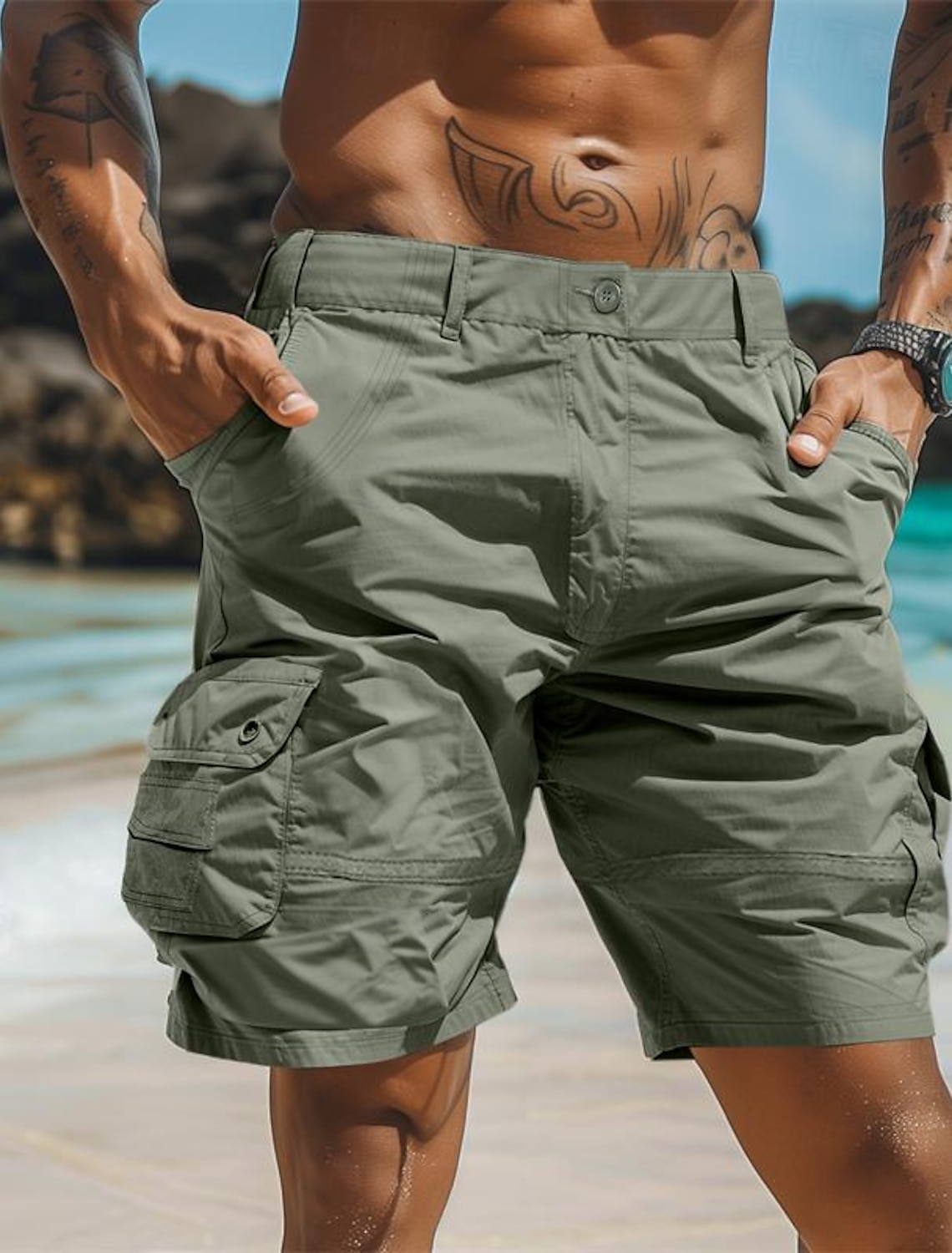 Men's Cargo Shorts Casual Buttons Multi Pocket Plain Comfort Soft Knee