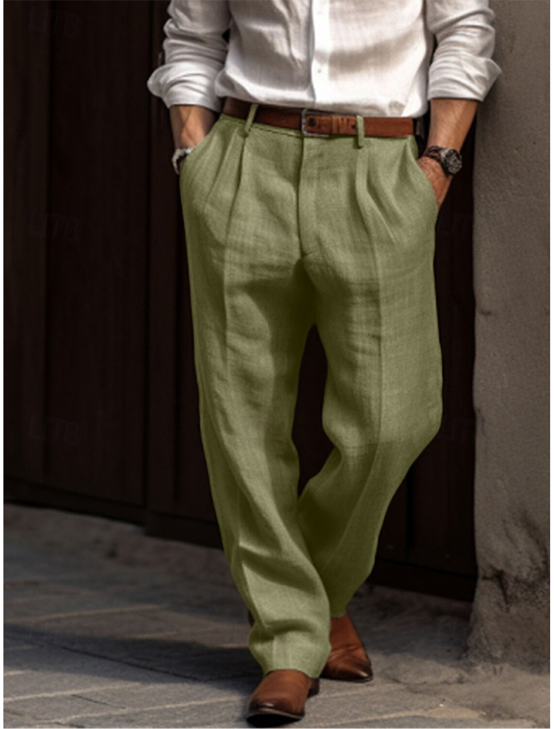 Men's Linen Pants Trousers Summer Pleated Dress Slacks Front Pocket