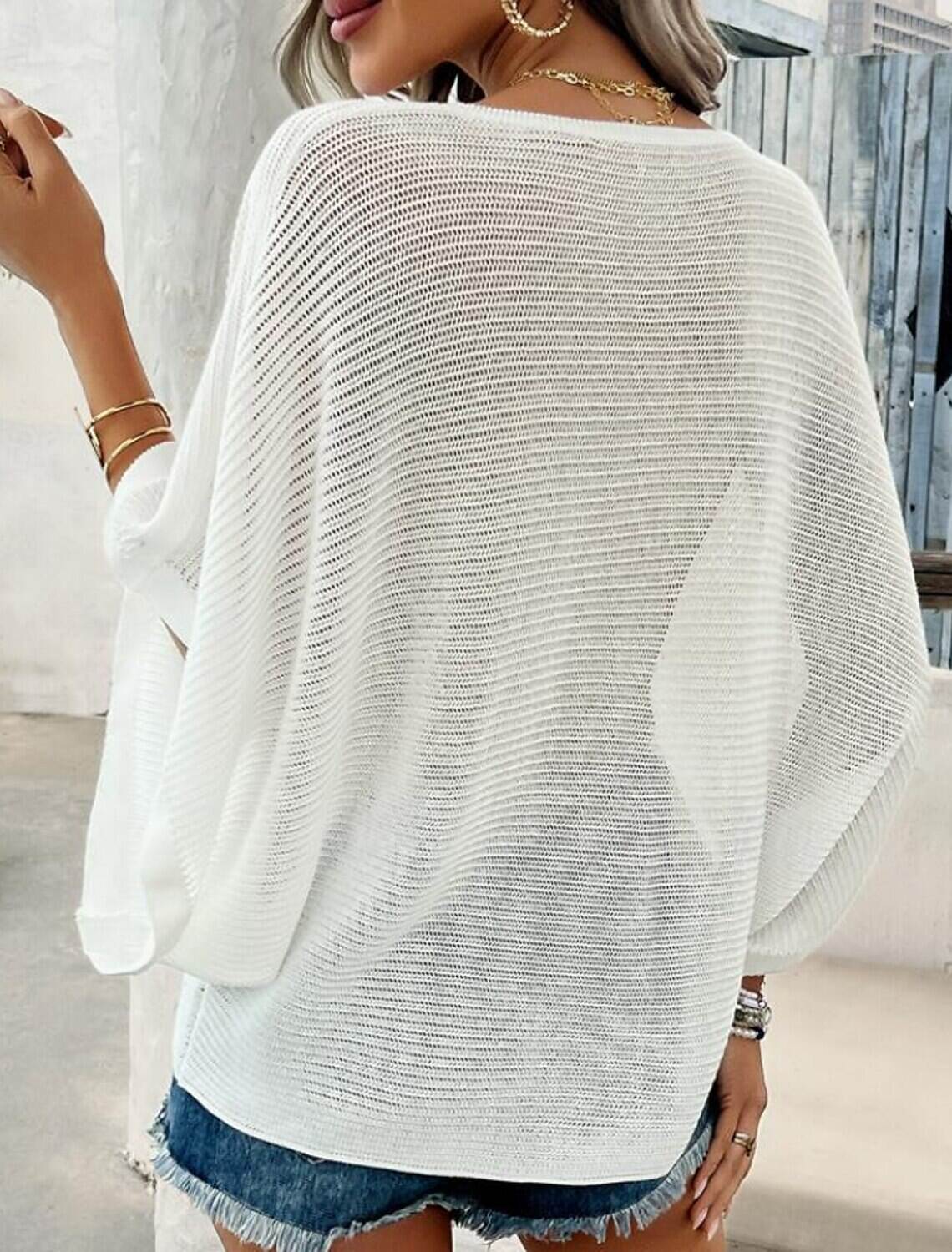 Women's Knitted Top V-neck Short Sleeve Elastic Soft Burnt Casual Loose Fit Versatile Spring Fall Clothing Apparel