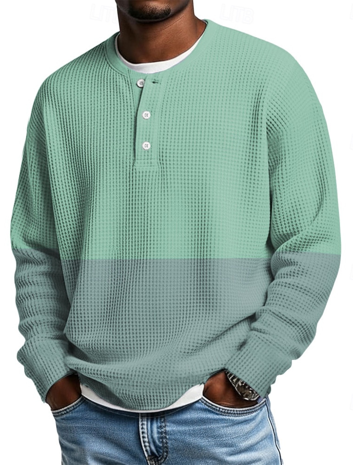 Men's Geometric Color Block Waffle Henley Shirt Casual Style Classic
