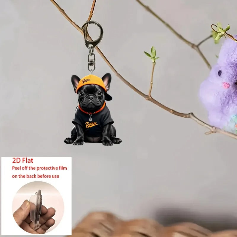 Fashion-Forward Cute French Bulldog Keychain – 2d Flat Acrylic Dog Ch...