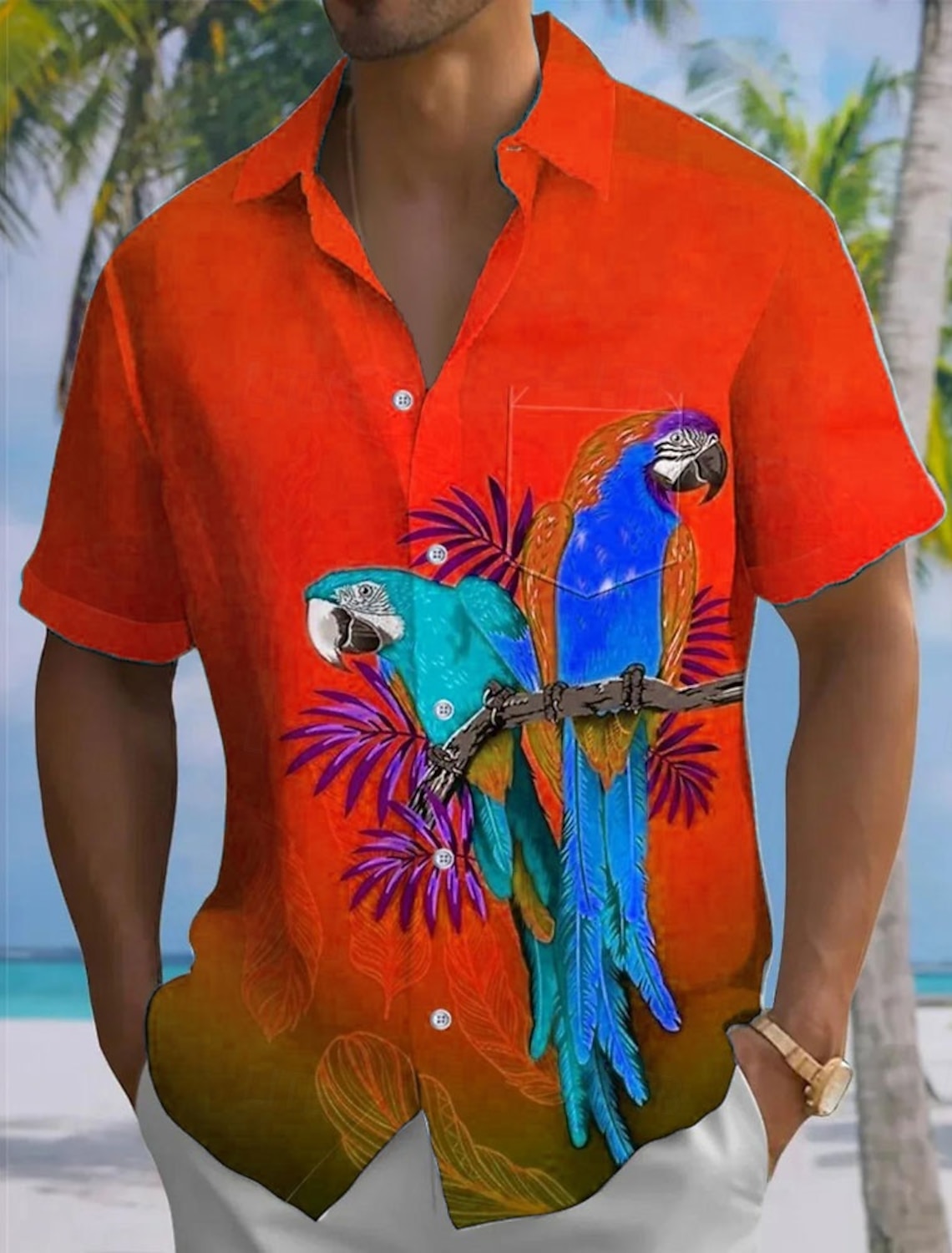 Men's Animal Parrot Gradient Color Summer Hawaiian Shirt Button Up