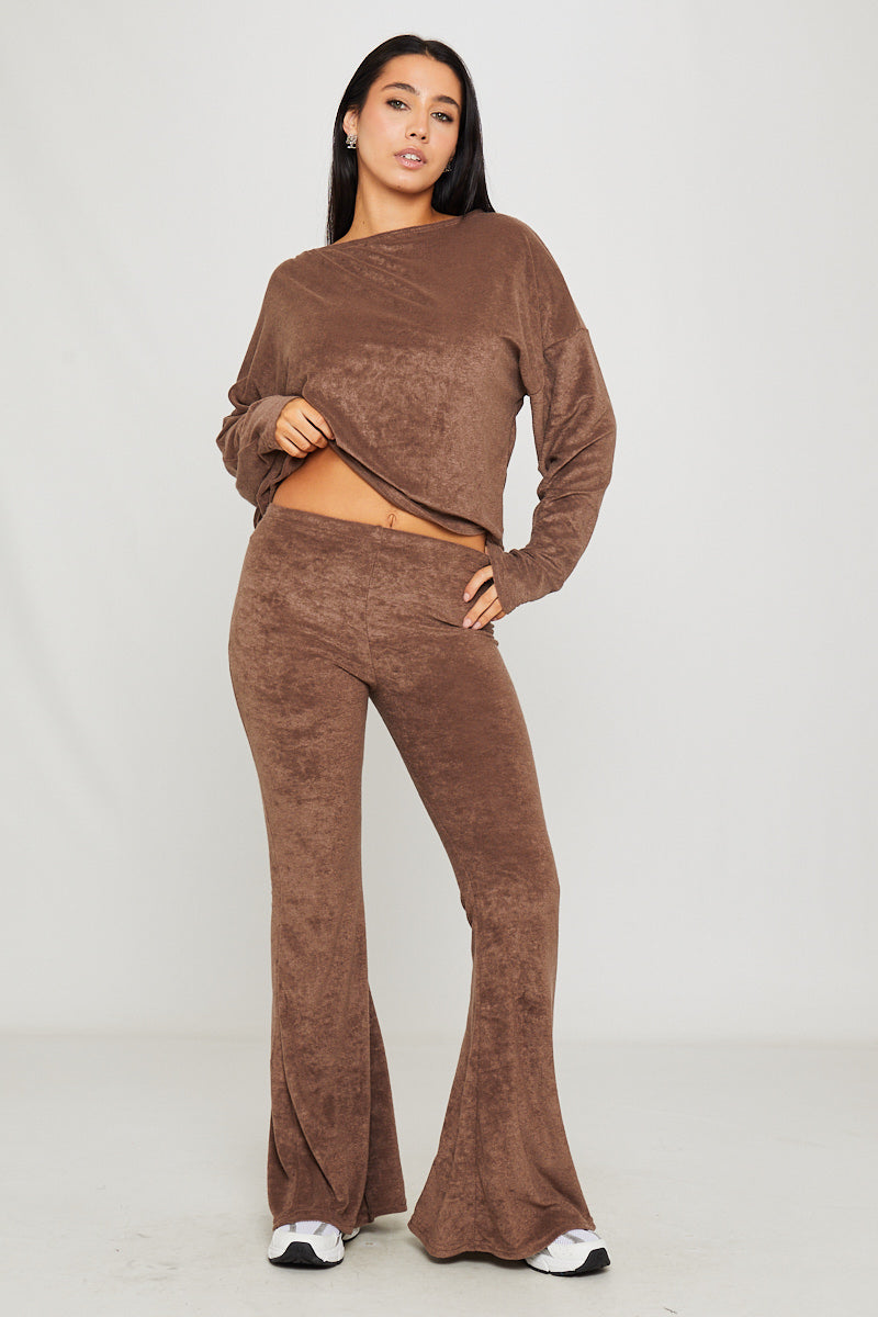 Brown Knitted One Shoulder Top & Pants Loungewear Set