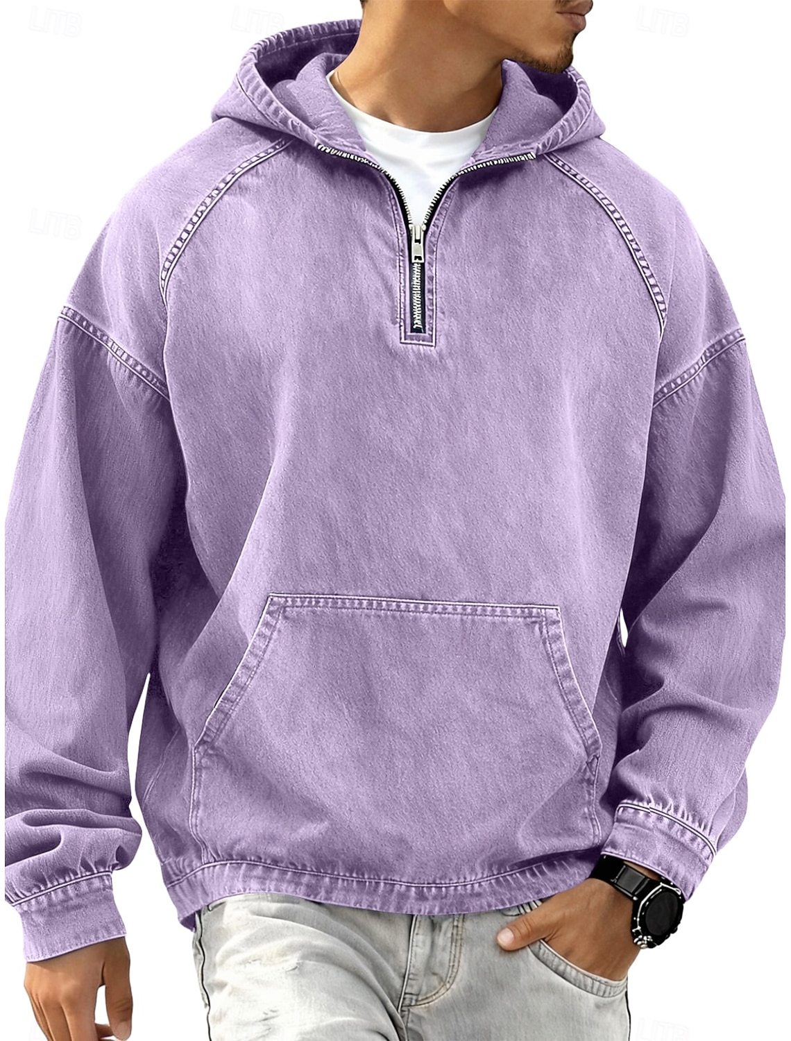 Men's Denim Shirt 100% Cotton Acid Wash Tee Top Long Sleeve Hooded