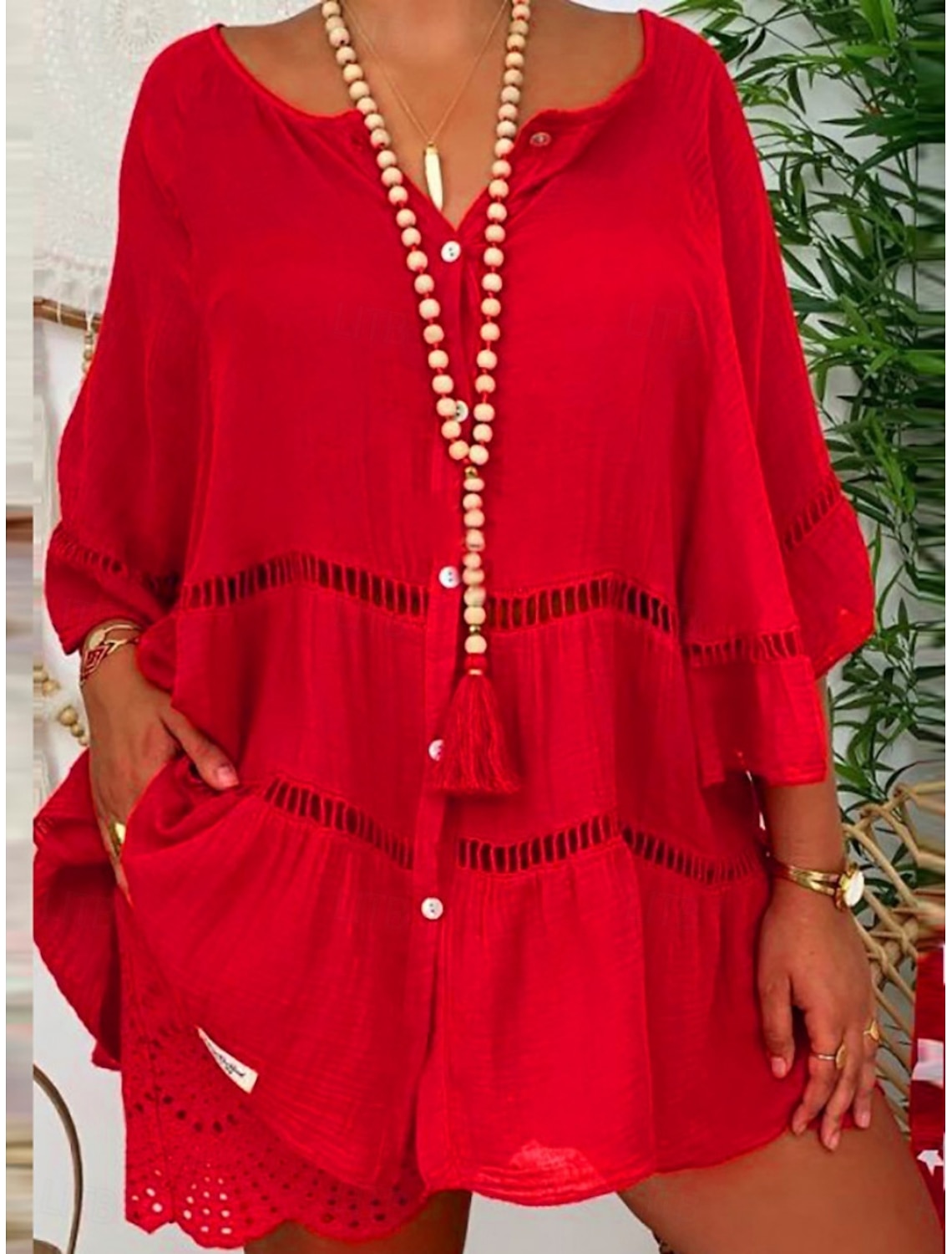 Women's Blouse Lace Solid Color Stylish Basic Casual Long Sleeve V Neck Regular Tops Casual Daily Beach White Yellow Red Brown Summer Spring Fall