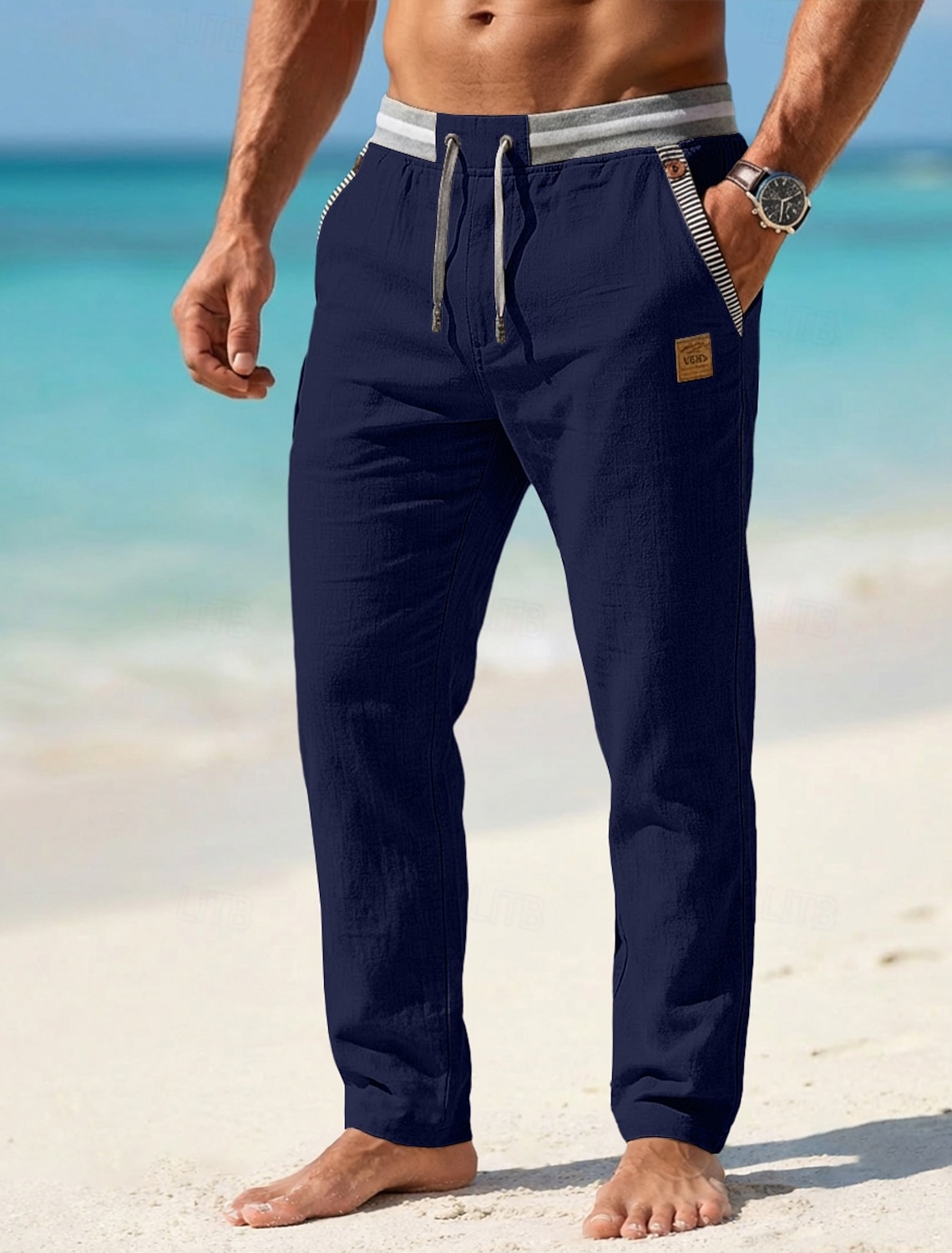 Men's Linen Pants Summer Pants Drawstring Elastic Waist Straight Leg Plain Comfort Breathable Full Length Casual Daily Beach Vacation Fashion Blue Black Inelastic