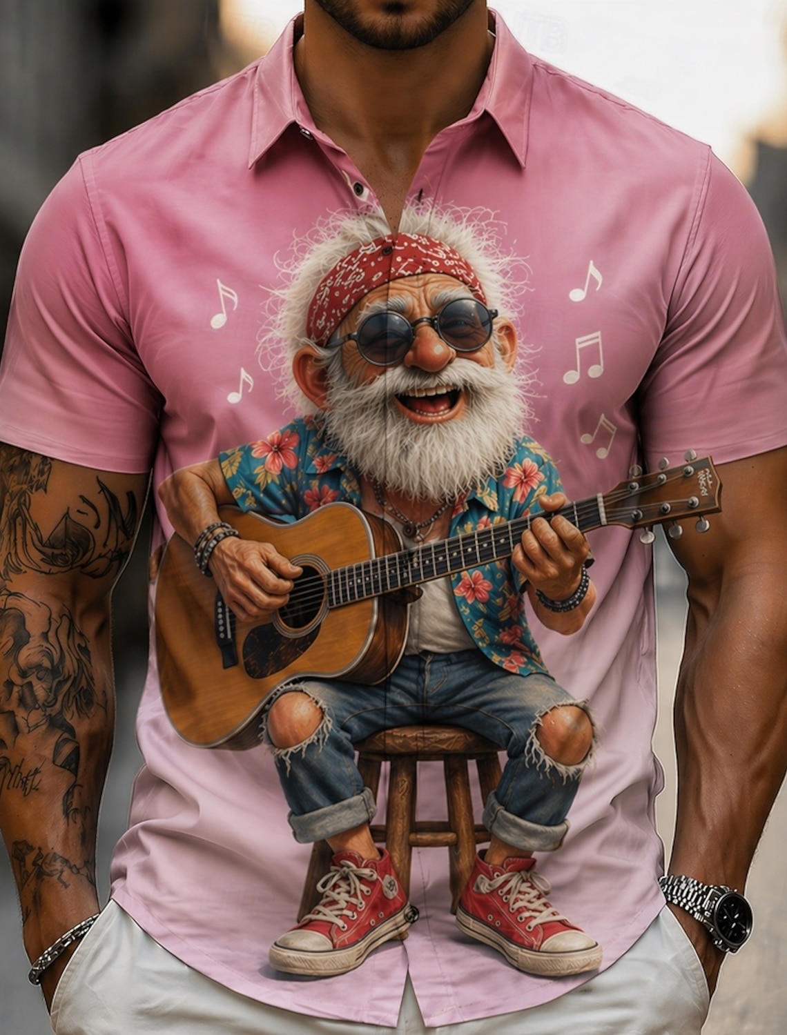 Men's Guitarist Player Cartoon Character Old Man Shirt Summer Shirt Button Up Shirt Short Sleeve Funny Vintage Retro Daily Outdoor Vacation Summer Spring Turndown 3D Print Collared Shirts Blue Violet