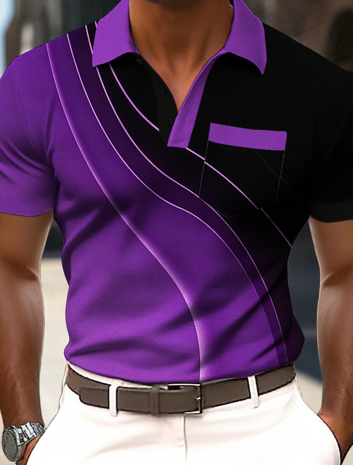 Men's Geometric Line Polo Short Sleeve Shirts Collared Business Casual