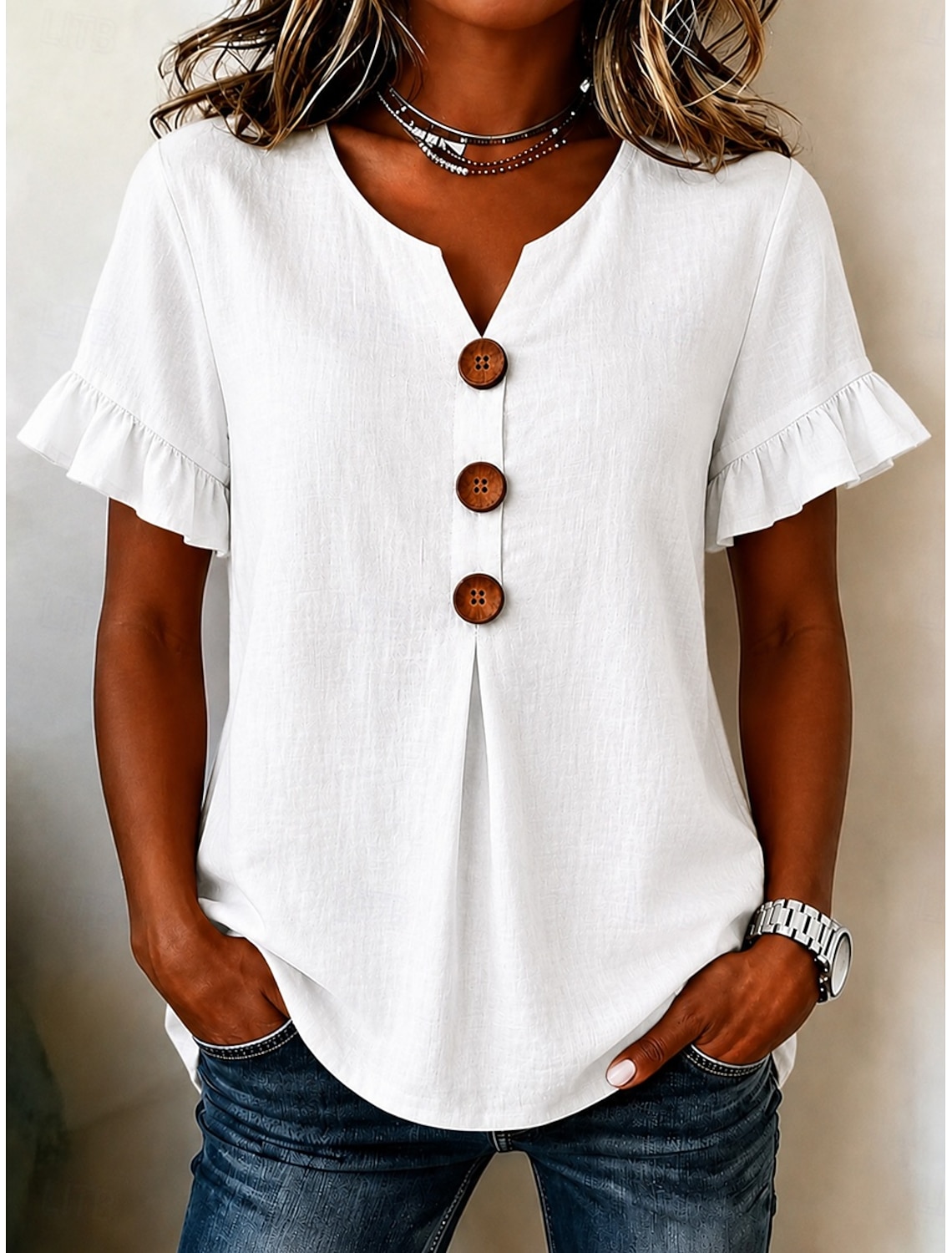 Women's Cotton Linen Blouse Buttons Solid Color Vacation Daily Casual Sleeveless 3/4 Length Sleeve V Neck Regular Tops Casual Daily Going out Khaki Red Orange Green Summer Spring Fall