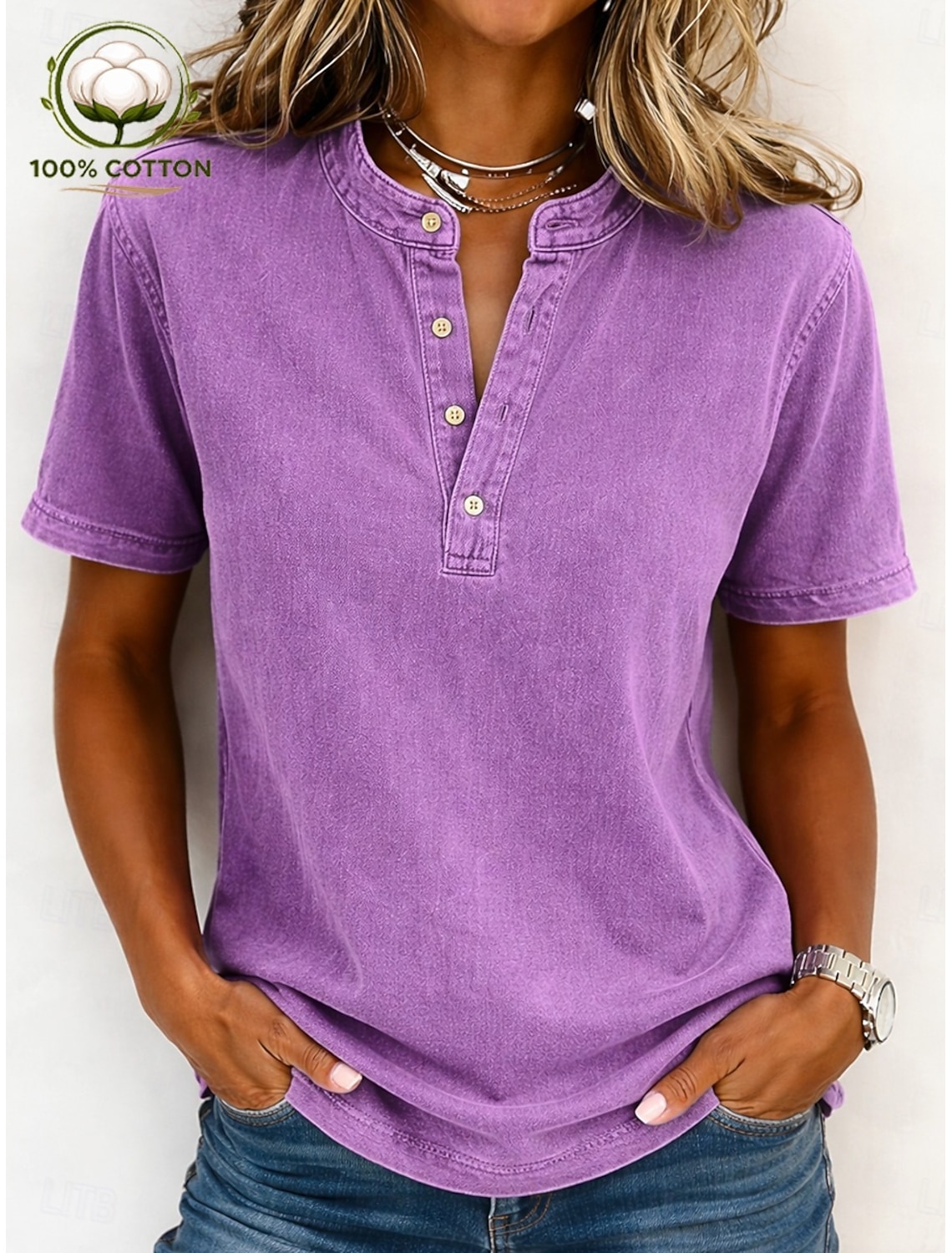 Women's 100% Cotton T-Shirts - Quality Vintage Short Sleeve V Neck Tee