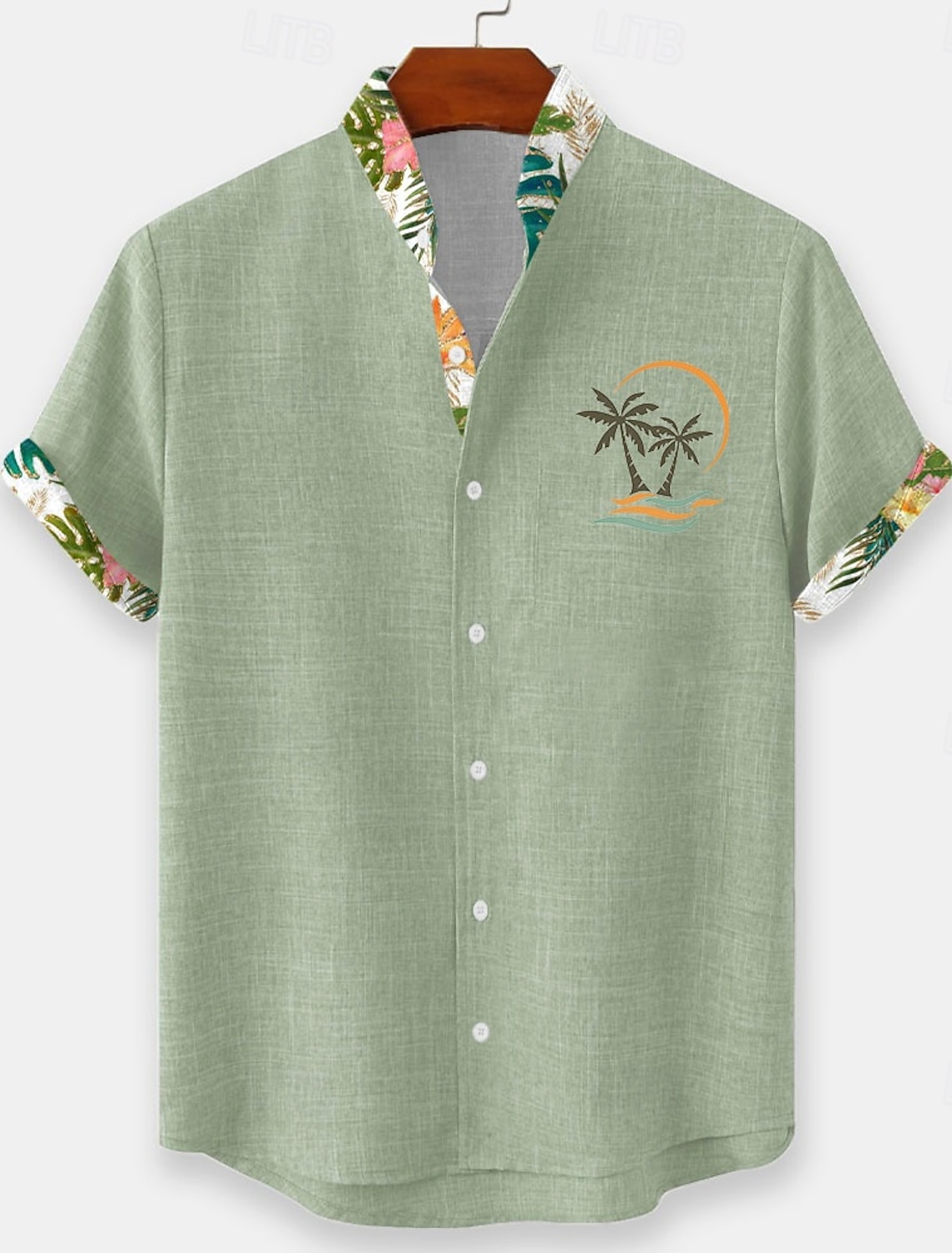 Men's Coconut Tree Tropical Plants Flowers Summer Hawaiian Shirt Button Up Shirt Stand Collar Shirt Short Sleeve Hawaiian Beach Vacation Wear Summer Spring Mandarin Collar 3D Print Linen Like Shirt