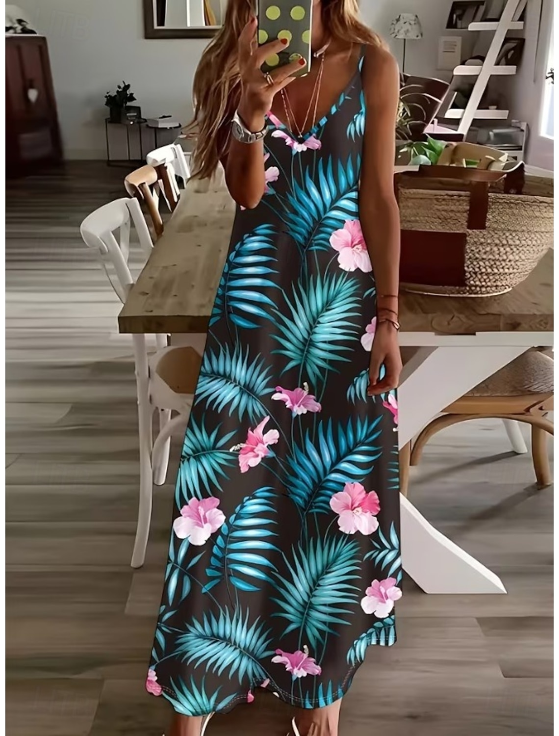 Women's Maxi Dress Sundress A Line Dress Slip Dress Vacation Casual Boho Beach Loose Fit Graphic Leaf Sleeveless V Neck Spaghetti Strap White Light Green Pink Sky Blue Summer Spring