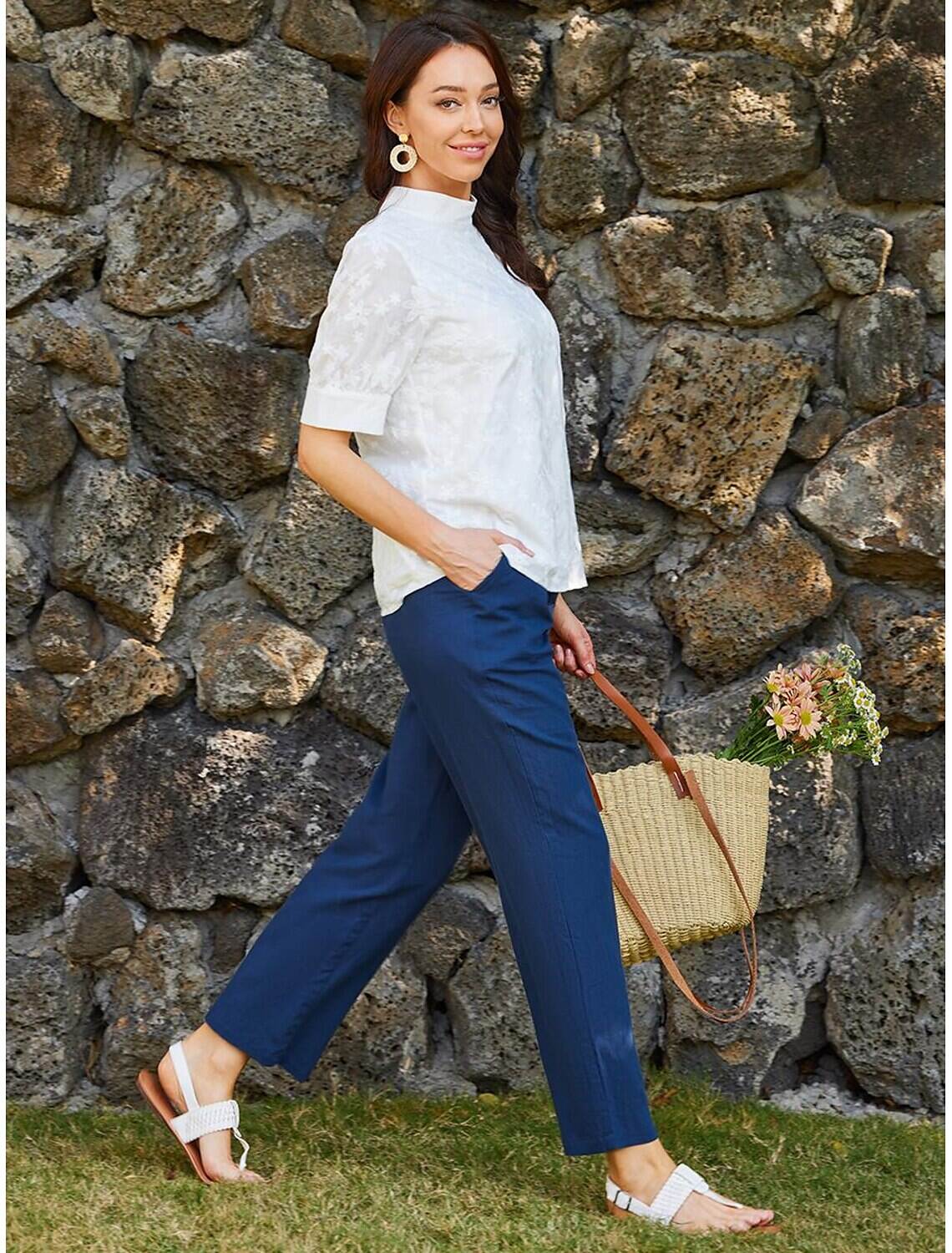 Women's Elegant Lace Tops Eyelet Blouse Turtleneck Dressy Tops Luxurious Floral Regular Tops Short Sleeve Embroidered Regular Fit Vacation Casual Romantic Petite Tops Summer Holiday Wear