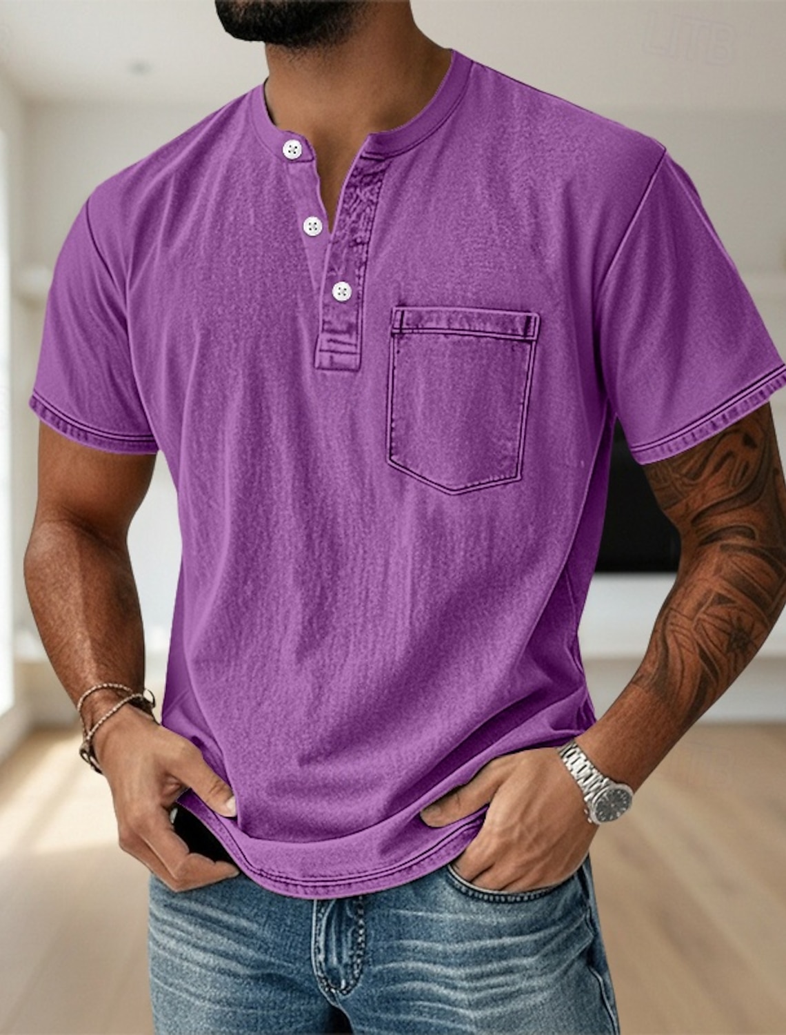 Men's Henley Shirt 100% Cotton Acid Wash T Tee Short Sleeve Solid #1