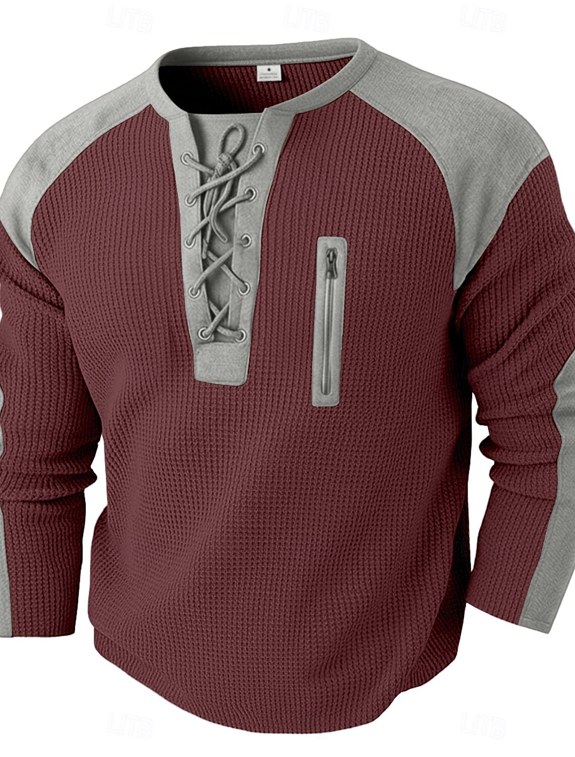 Men's Waffle T-shirt T Shirt Henley Long Sleeve Hooded Lace Up Neck