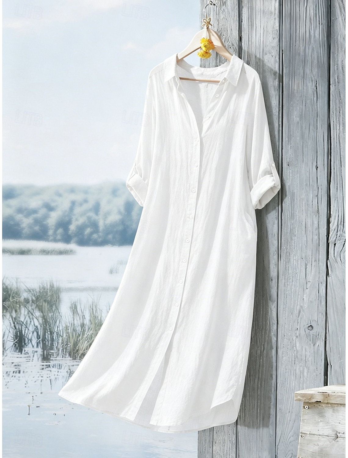 Women's Cotton Linen Maxi Dress Shirt Dress Shift Dress Casual Daily Loose Fit Plain Long Sleeve Lapel Blue Black White Light Green Summer Spring Fall
